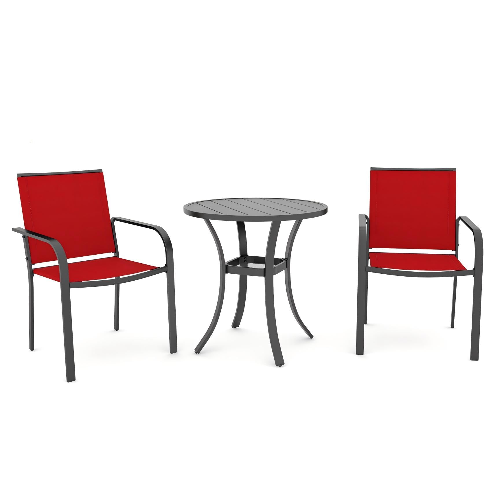 Anmutig 3-Piece Outdoor Dining Set, Small Metal Bistro Table with 2 Stackable Patio Chairs, 27.5 x 27.5 Inch Round Table, Brown Fabric