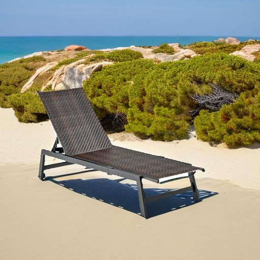Giantex Patio Chaise Lounge Chair - Outdoor PE Rattan Recliner Chair with Wheels, 5-Position Adjustable Backrest, Steel Frame, Wicker Tanning Chair for Deck, Poolside, Yard, Beach Sunbathing Chair(1)