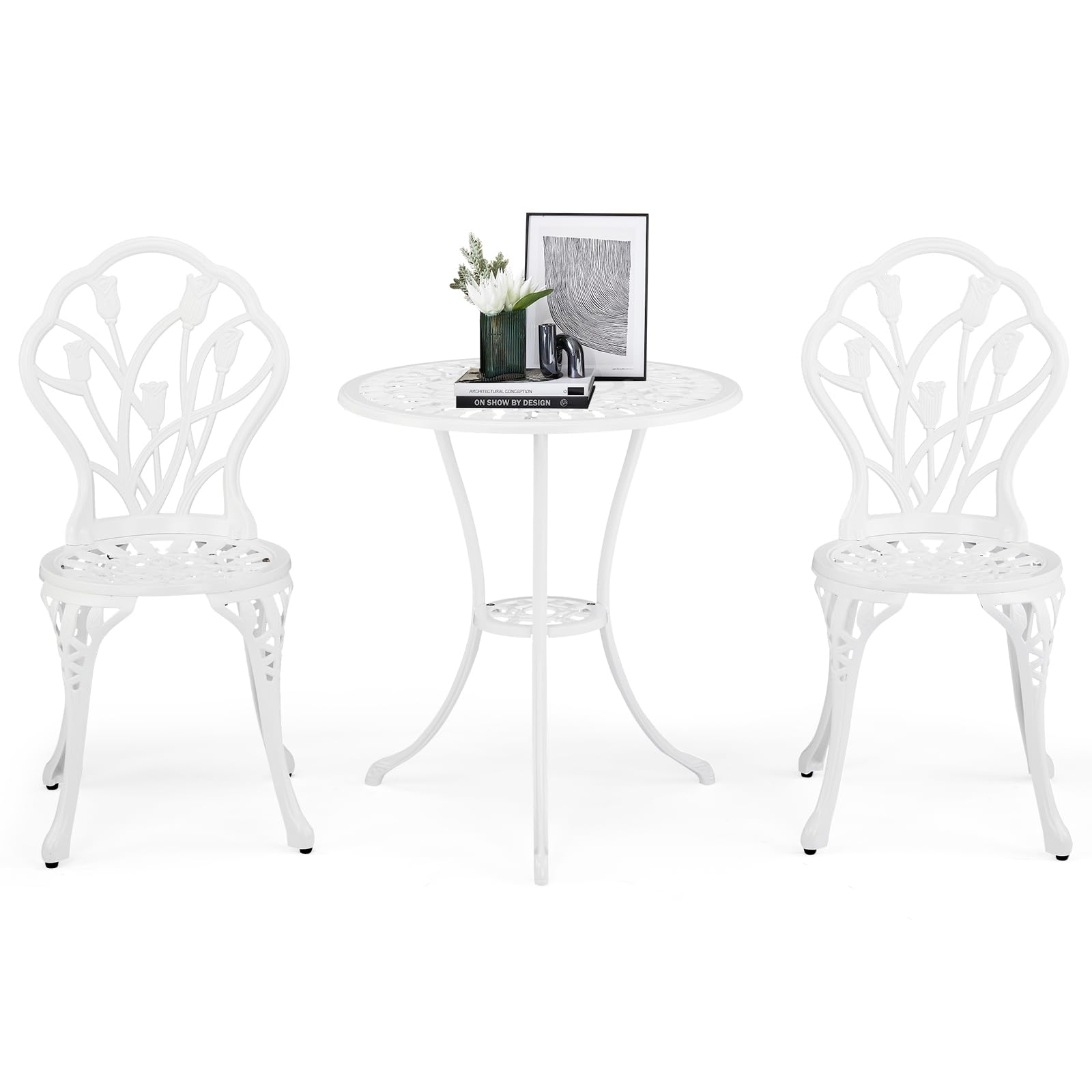 Outvita Patio Table and Chairs Set, Cast Aluminum Outdoor Cafe Table and Chairs Set of 3, Stability Patio Bistro Sets with Umbrella Hole for Garden, Patio, Balcony, Butterfly Pattern Bronze