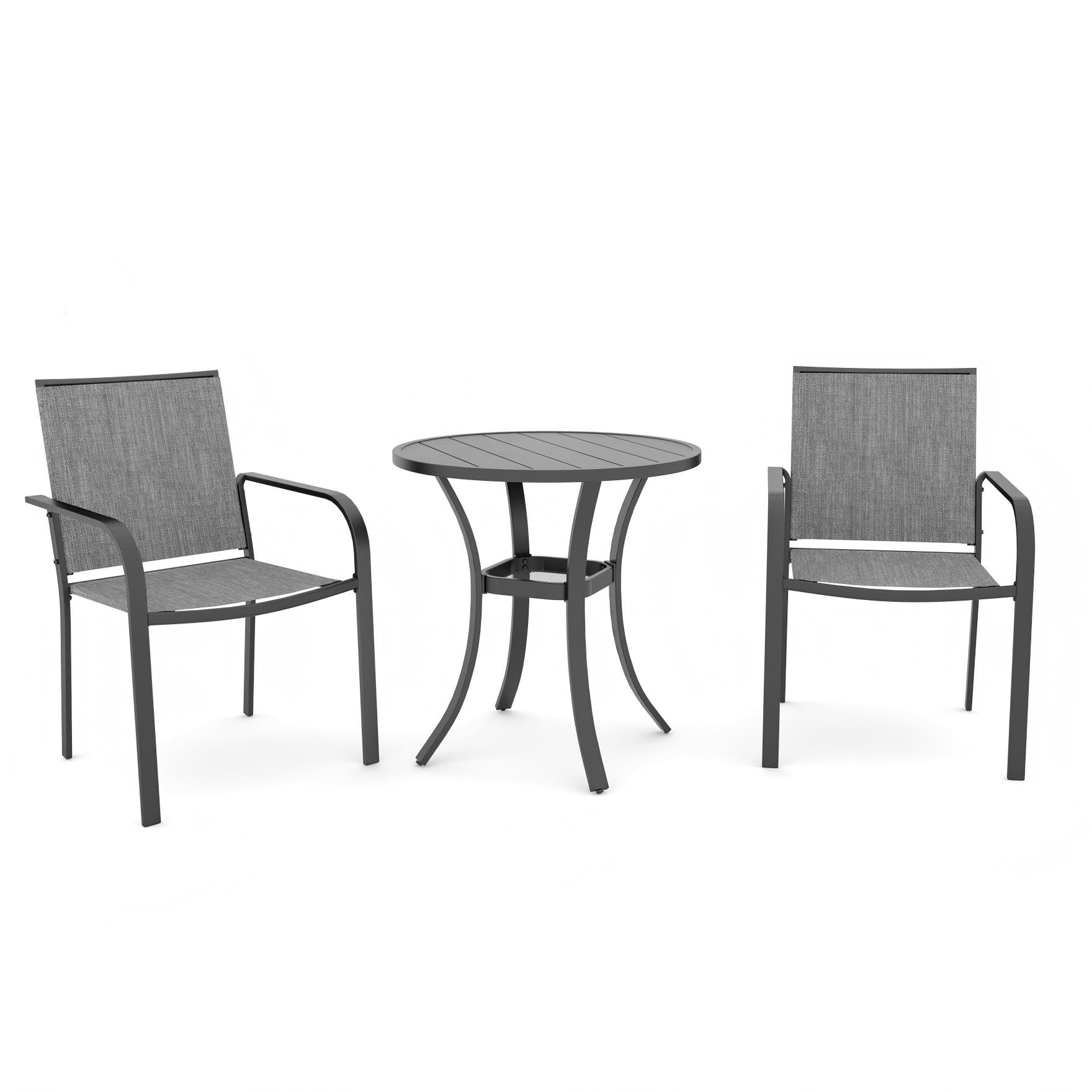 Anmutig 3-Piece Outdoor Dining Set, Small Metal Bistro Table with 2 Stackable Patio Chairs, 27.5 x 27.5 Inch Round Table, Brown Fabric