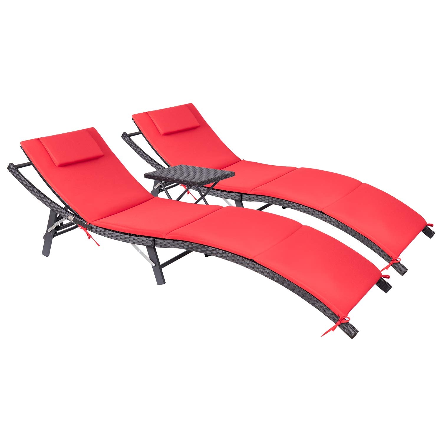 Devoko Patio Chaise Lounge Sets Outdoor Rattan Adjustable Back 3 Pieces Cushioned Patio Folding Chaise Lounge with Folding Table (Beige)