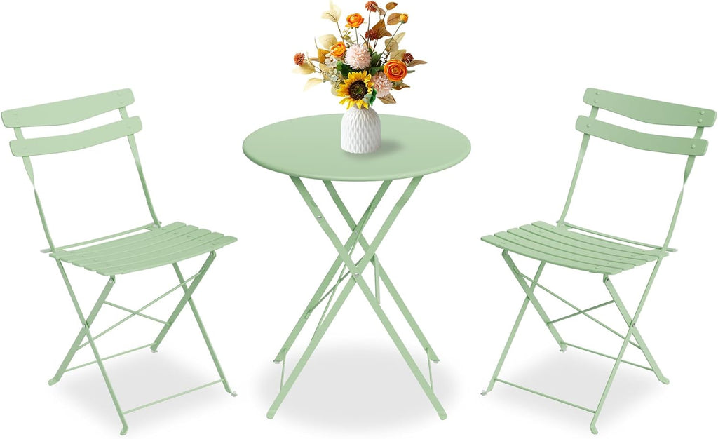 GarveeLife 3 Piece Patio Bistro Set, Folding Patio Bistro Table and Chairs Set of 2, Outdoor Patio Furniture Set, Metal Structure, No Assembly Need, for Balcony Yard Garden, Green