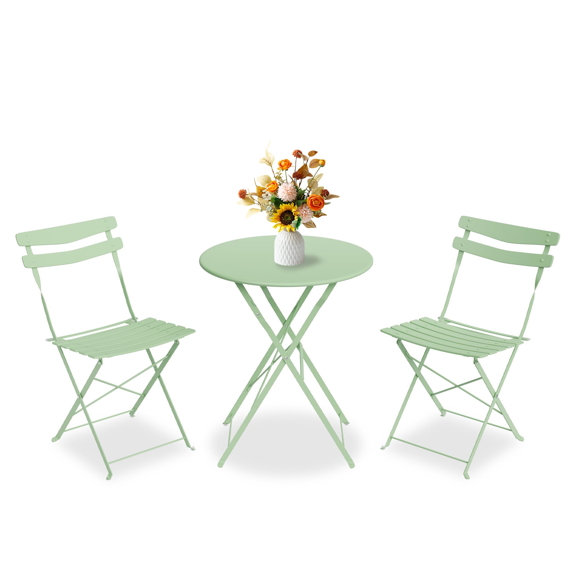 GarveeLife 3 Piece Patio Bistro Set, Folding Patio Bistro Table and Chairs Set of 2, Outdoor Patio Furniture Set, Metal Structure, No Assembly Need, for Balcony Yard Garden, Green