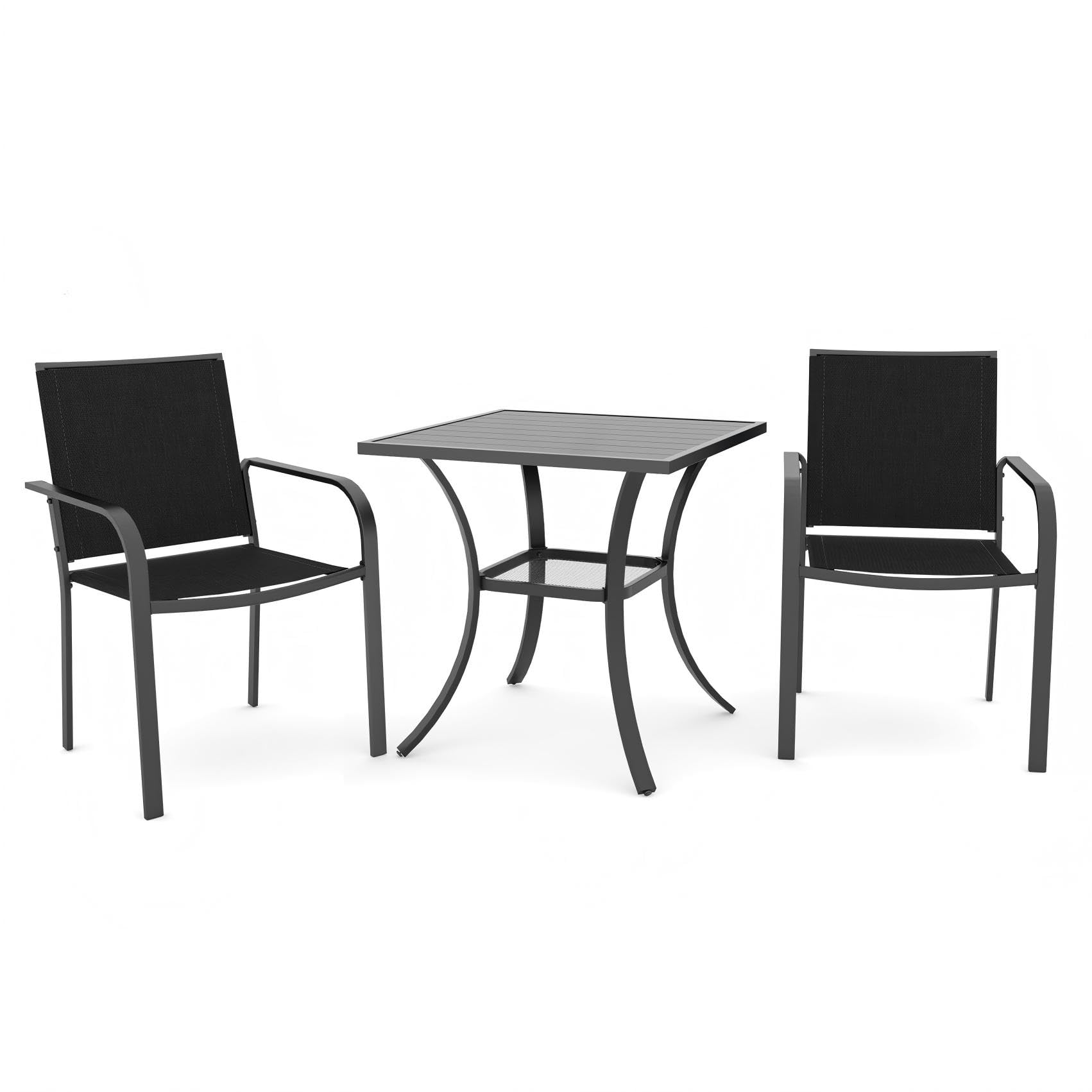 Anmutig 3-Piece Outdoor Dining Set, Small Metal Bistro Table with 2 Stackable Patio Chairs, 27.5 x 27.5 Inch Round Table, Brown Fabric