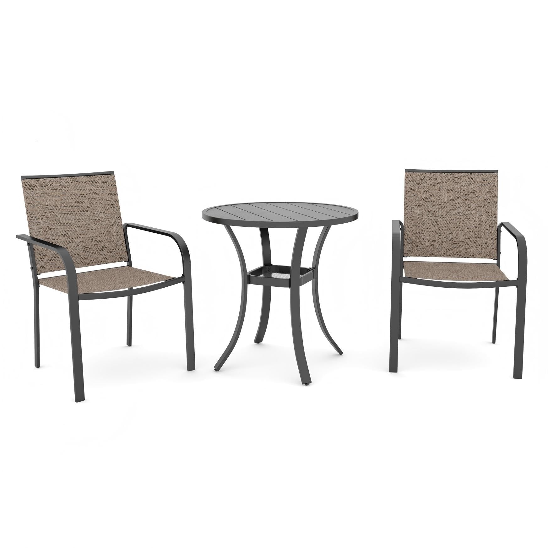 Anmutig 3-Piece Outdoor Dining Set, Small Metal Bistro Table with 2 Stackable Patio Chairs, 27.5 x 27.5 Inch Round Table, Brown Fabric