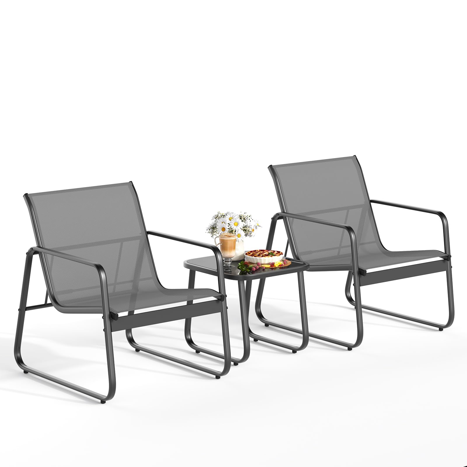 Gizoon Patio Chairs Set of 2, Patio Bistro Set 3PCS, Outdoor Patio Furniture Set with Rust-Resistant Metal Frame, 330LBS Capacity，for Balcony/Lawn/Patio/Pool, RCS Certified Recycled Material, Black