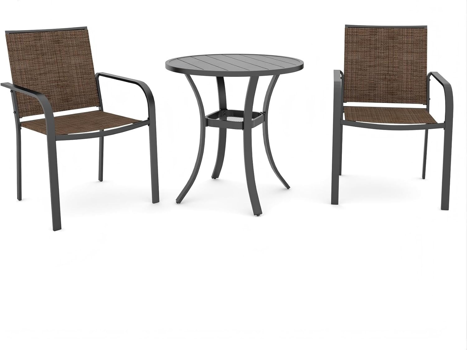 Anmutig 3-Piece Outdoor Dining Set, Small Metal Bistro Table with 2 Stackable Patio Chairs, 27.5 x 27.5 Inch Round Table, Brown Fabric