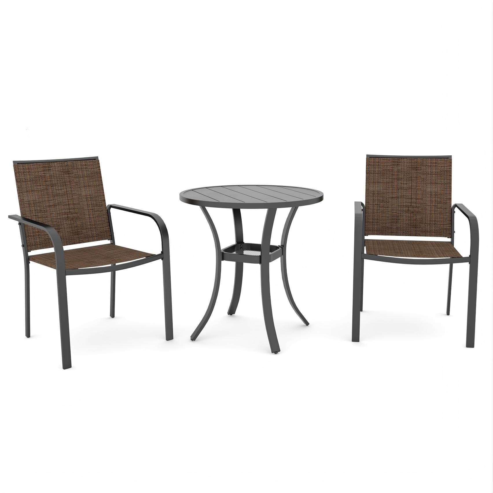 Anmutig 3-Piece Outdoor Dining Set, Small Metal Bistro Table with 2 Stackable Patio Chairs, 27.5 x 27.5 Inch Round Table, Brown Fabric