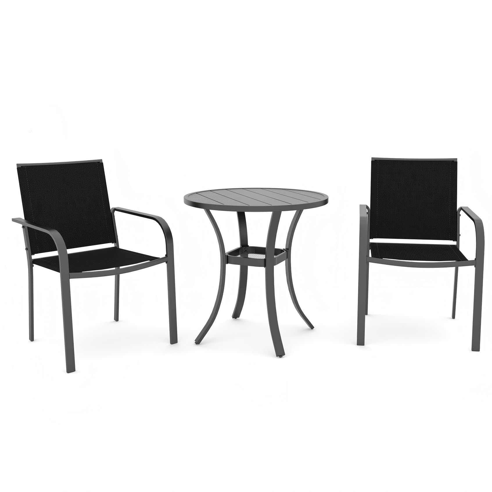 Anmutig 3-Piece Outdoor Dining Set, Small Metal Bistro Table with 2 Stackable Patio Chairs, 27.5 x 27.5 Inch Round Table, Brown Fabric