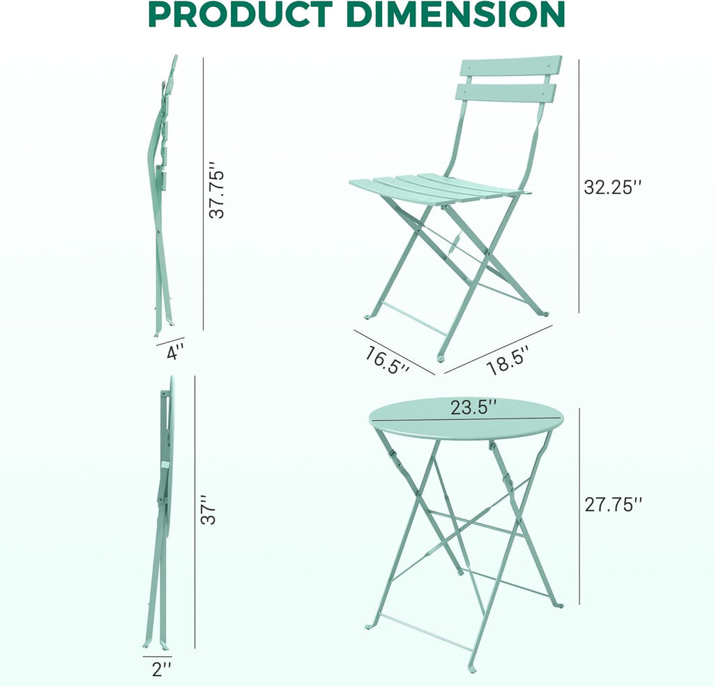 Grand patio 3-piece Steel Foldable Bistro Set, 2 Chairs and 1 Table, Weather-Resistant Outdoor/Indoor Conversation Set for Patio, Yard, Garden-Macaron Blue
