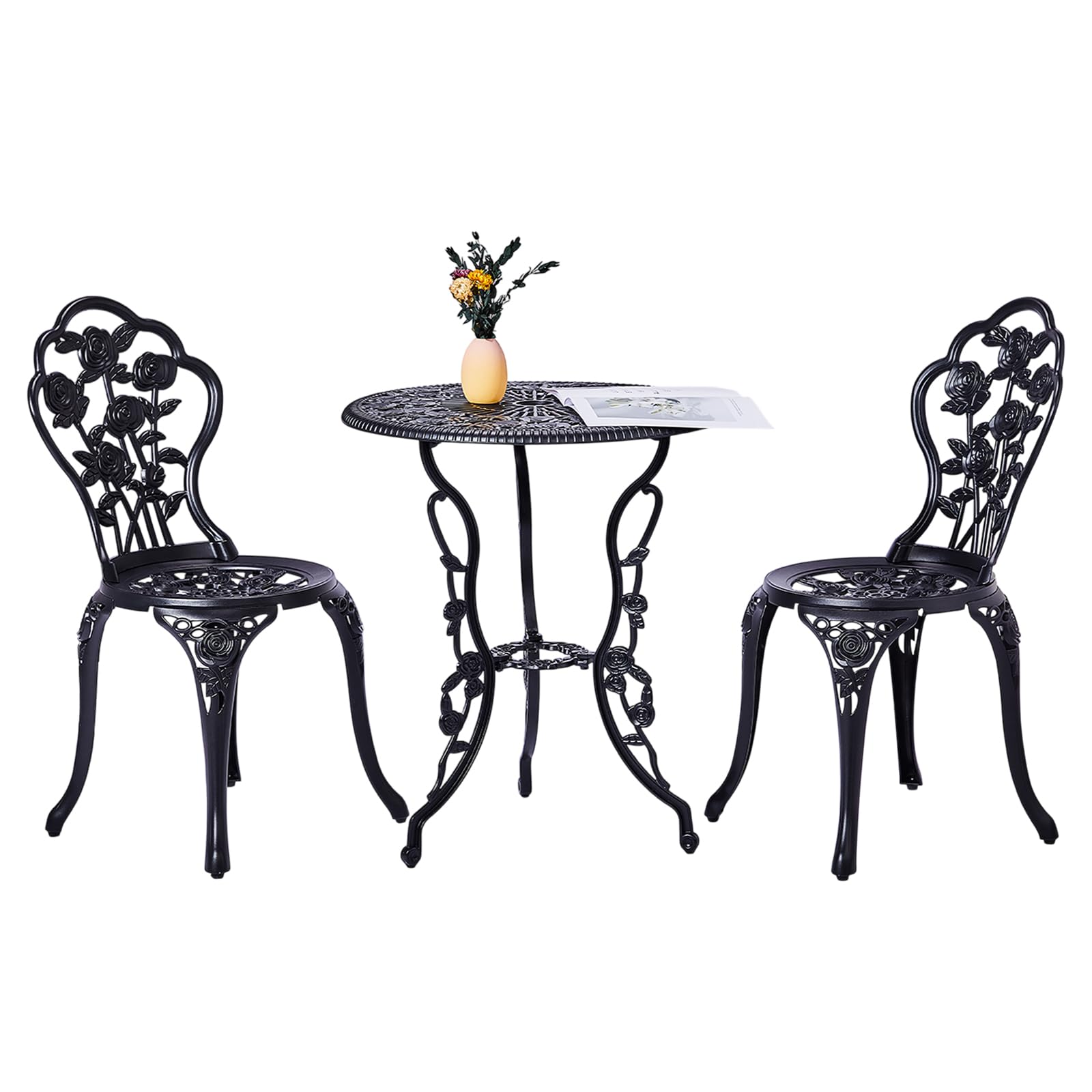 Outvita Patio Table and Chairs Set, Cast Aluminum Outdoor Cafe Table and Chairs Set of 3, Stability Patio Bistro Sets with Umbrella Hole for Garden, Patio, Balcony, Butterfly Pattern Bronze