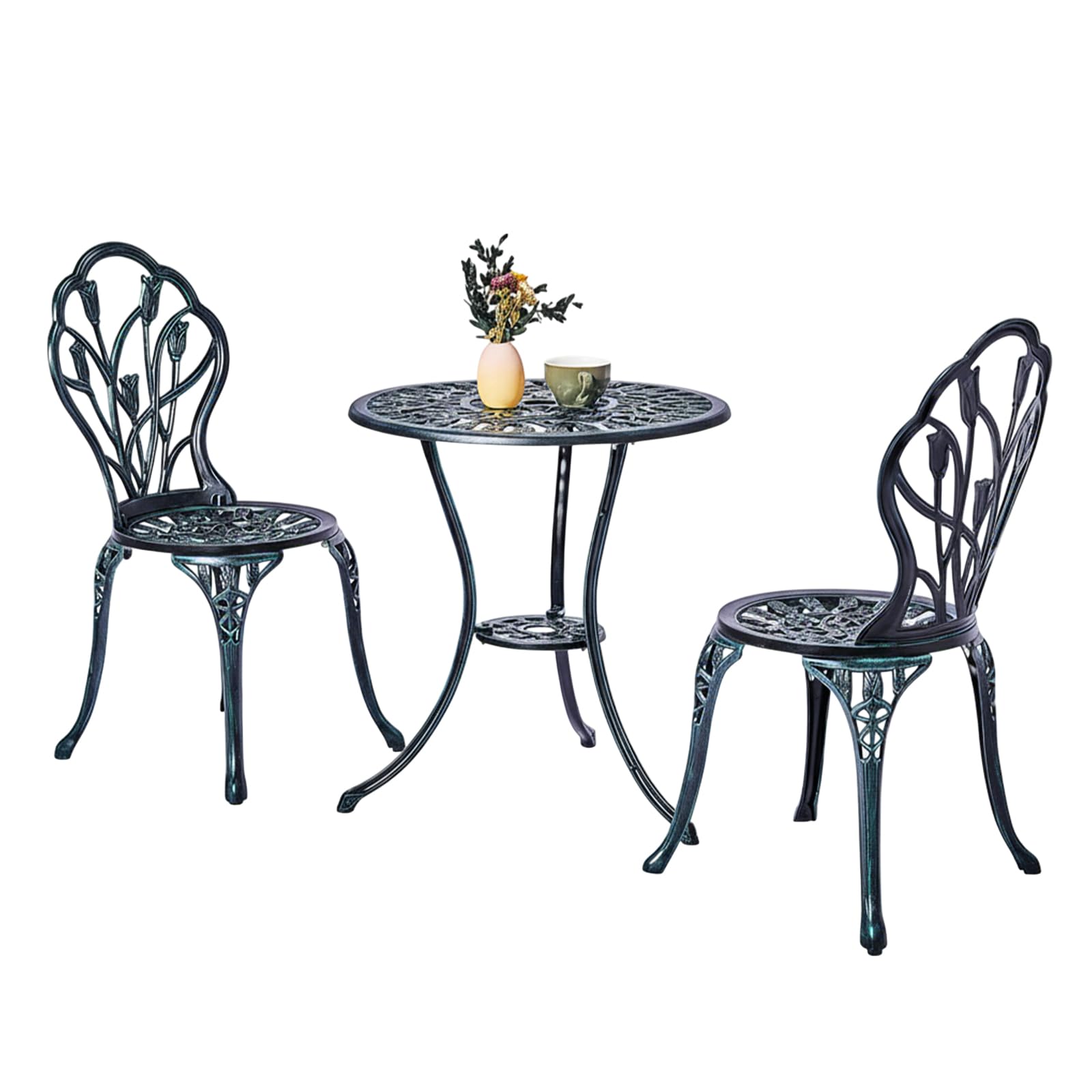 Outvita Patio Table and Chairs Set, Cast Aluminum Outdoor Cafe Table and Chairs Set of 3, Stability Patio Bistro Sets with Umbrella Hole for Garden, Patio, Balcony, Butterfly Pattern Bronze