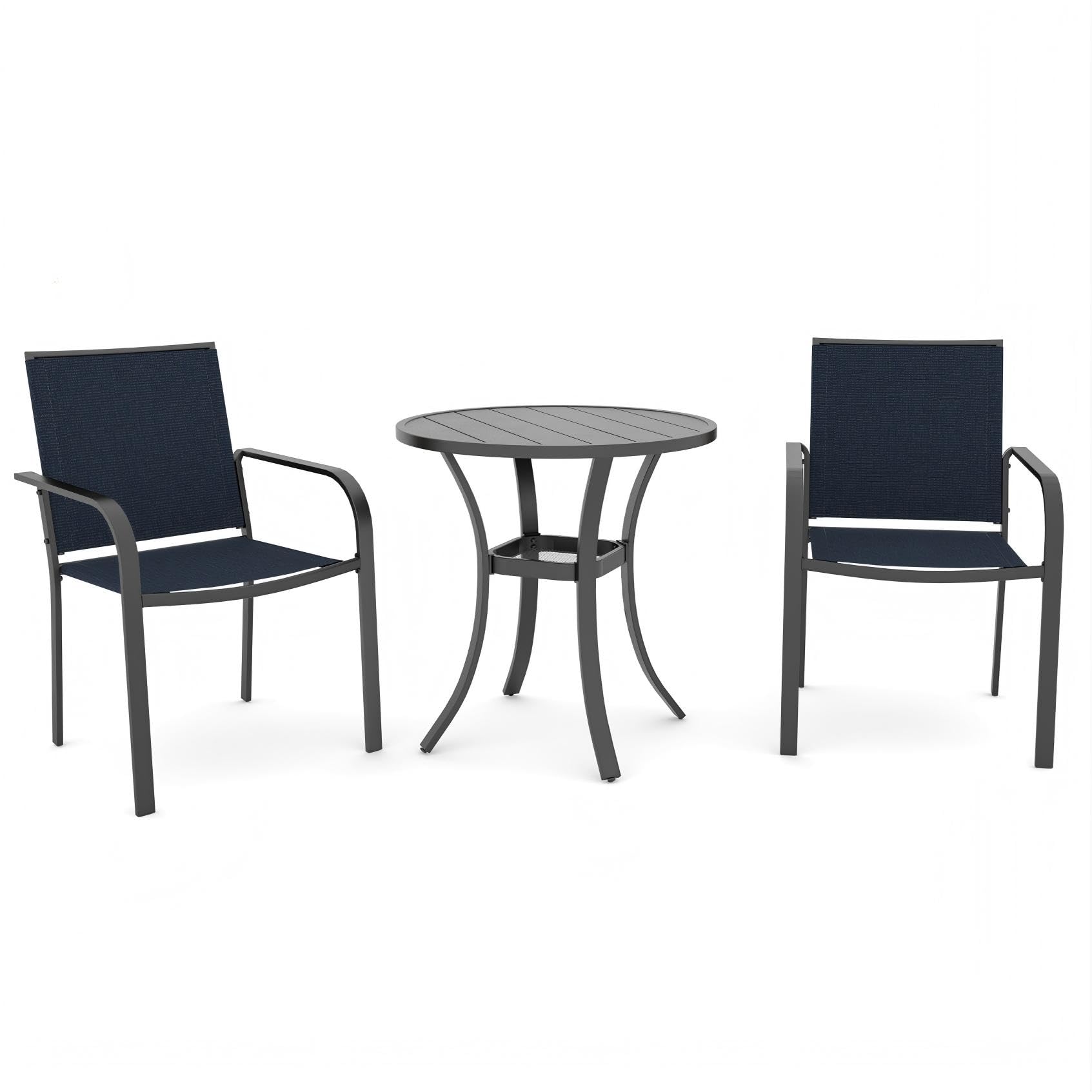 Anmutig 3-Piece Outdoor Dining Set, Small Metal Bistro Table with 2 Stackable Patio Chairs, 27.5 x 27.5 Inch Round Table, Brown Fabric