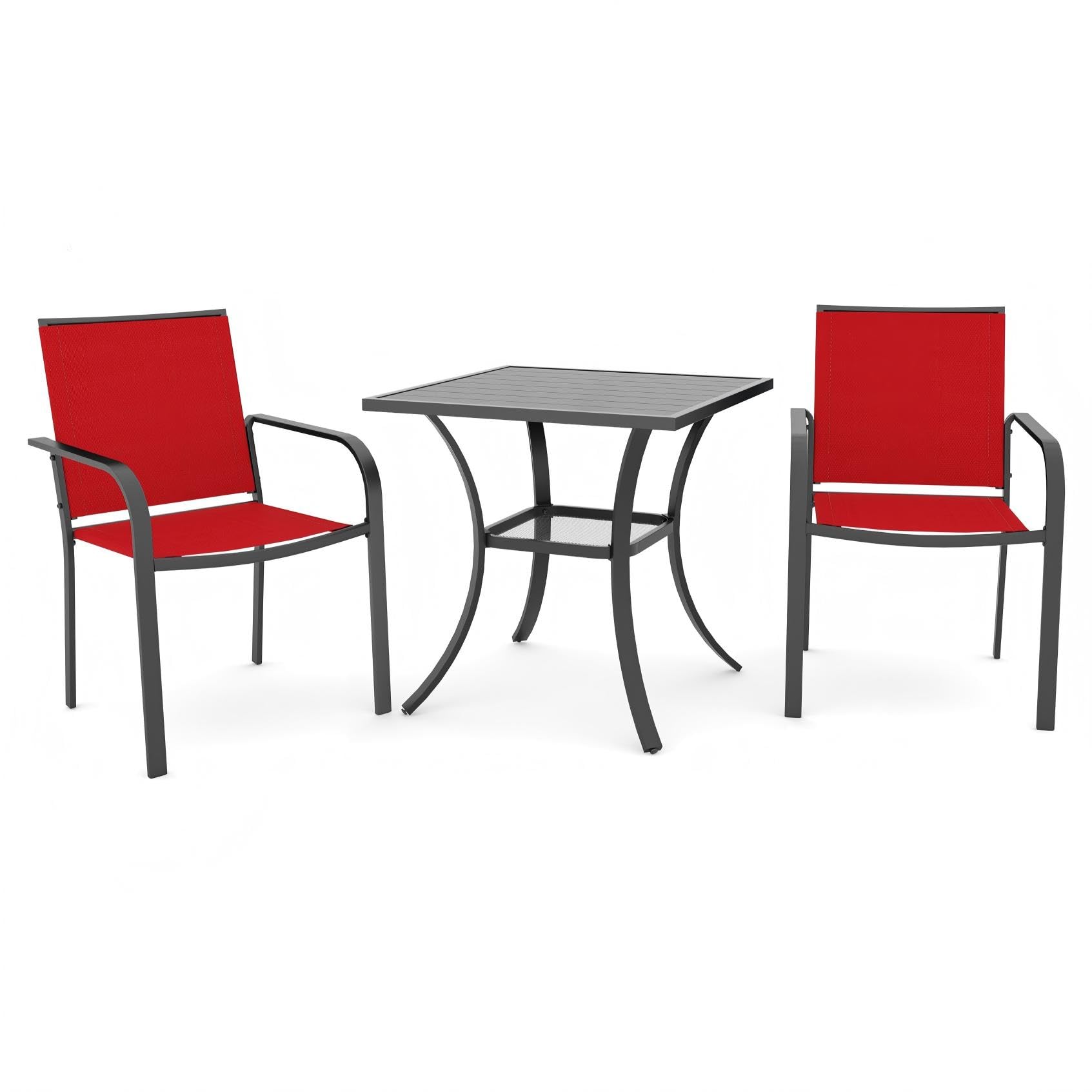 Anmutig 3-Piece Outdoor Dining Set, Small Metal Bistro Table with 2 Stackable Patio Chairs, 27.5 x 27.5 Inch Round Table, Brown Fabric