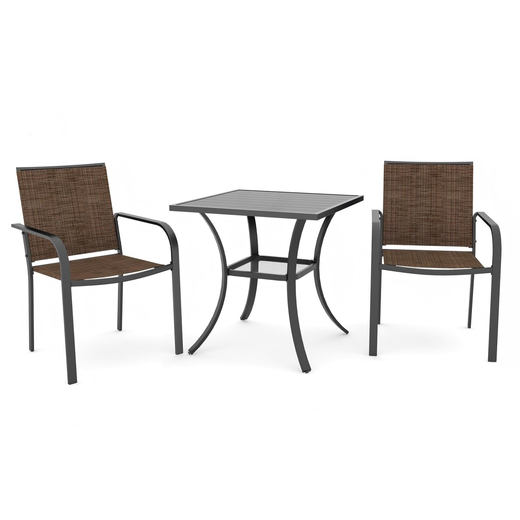 Anmutig 3-Piece Outdoor Dining Set, Small Metal Bistro Table with 2 Stackable Patio Chairs, 27.5 x 27.5 Inch Round Table, Brown Fabric