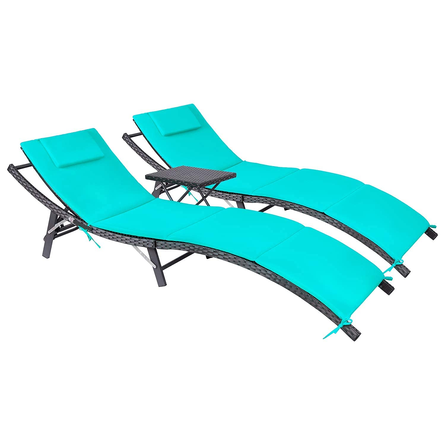 Devoko Patio Chaise Lounge Sets Outdoor Rattan Adjustable Back 3 Pieces Cushioned Patio Folding Chaise Lounge with Folding Table (Beige)