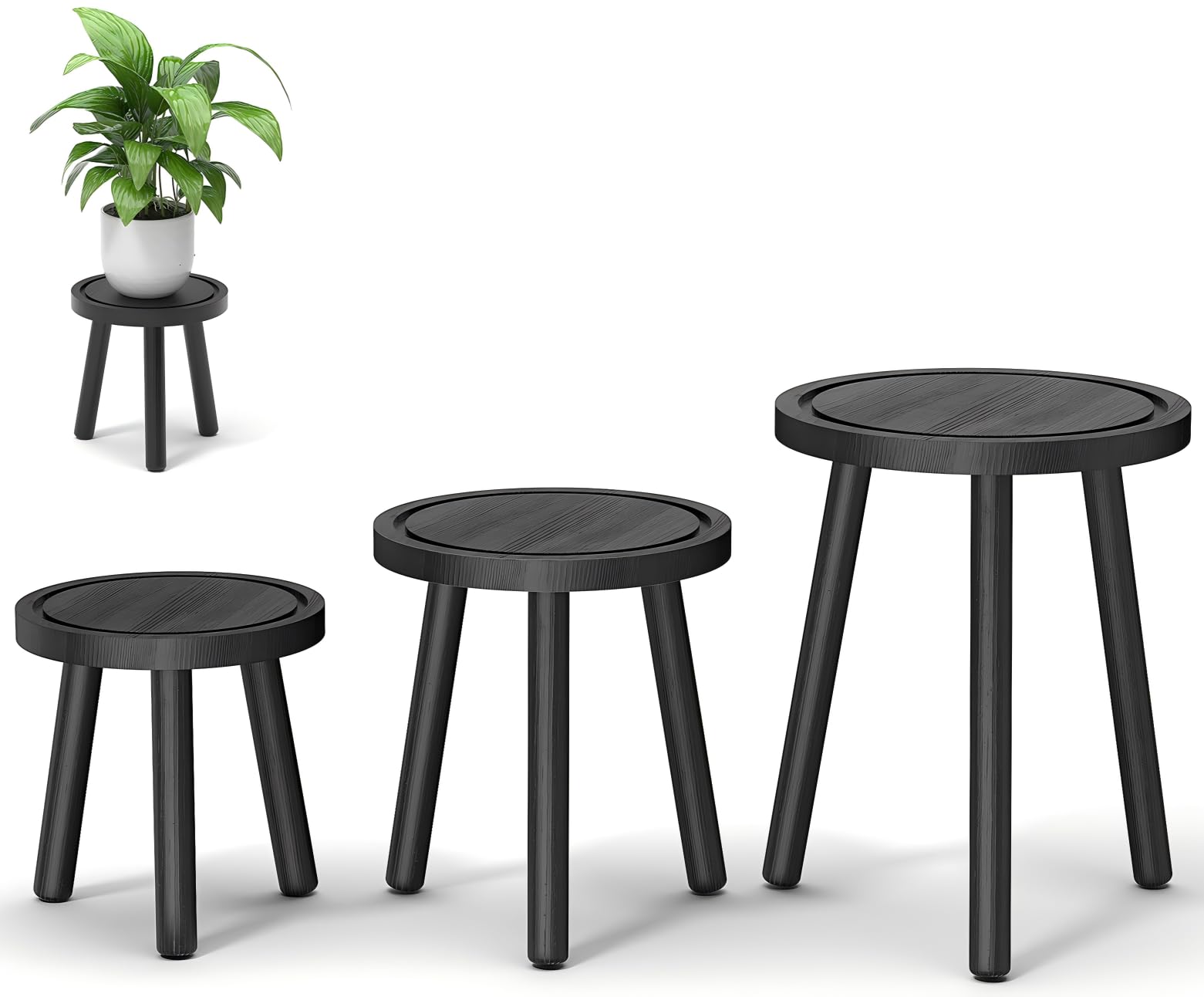 3-Pack Wood Plant Stands Indoor, Single Plant Stand for 6-12 Inch Pots, Mid-Century Modern Plant Stool, Tall Plant Stand for Large Plants Perfect Fit for Living Room, Balcony, Office