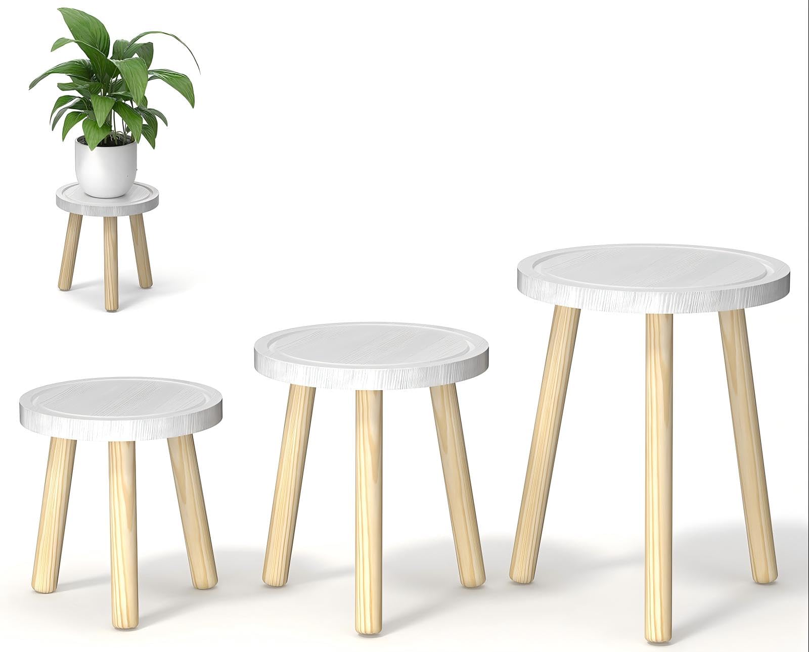 3-Pack Wood Plant Stands Indoor, Single Plant Stand for 6-12 Inch Pots, Mid-Century Modern Plant Stool, Tall Plant Stand for Large Plants Perfect Fit for Living Room, Balcony, Office