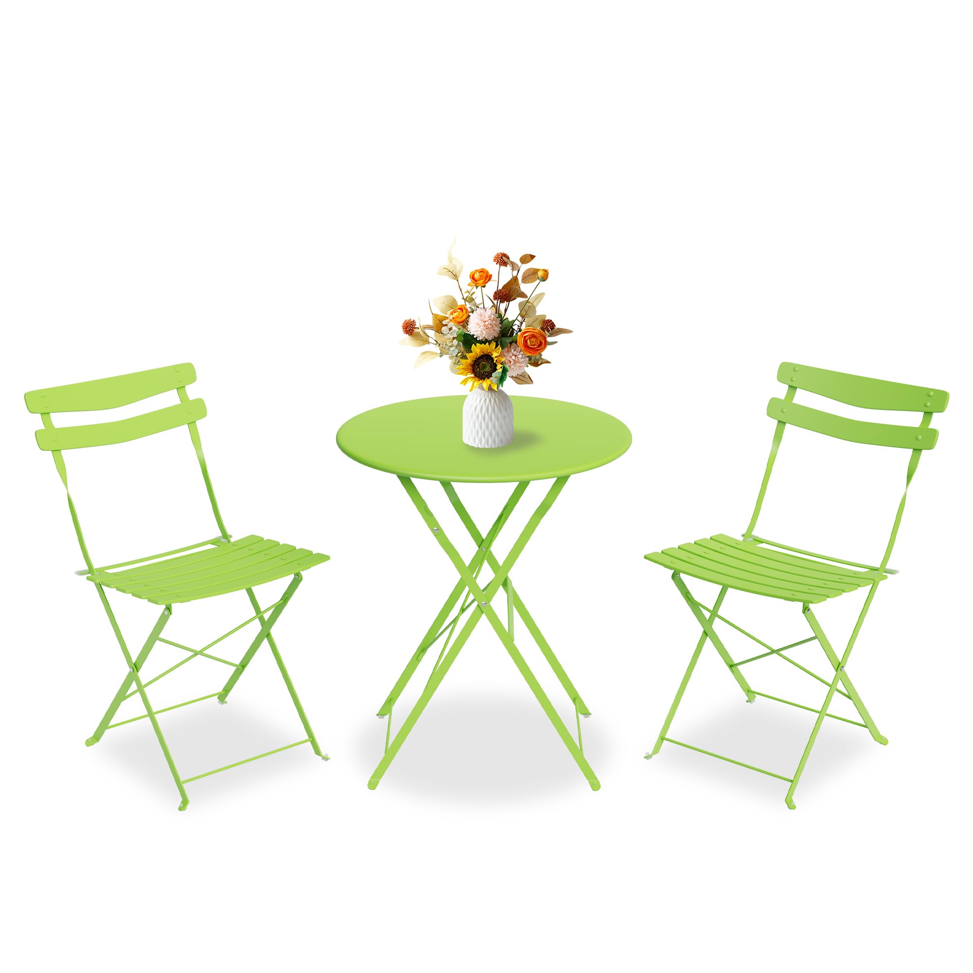 GarveeLife 3 Piece Patio Bistro Set, Folding Patio Bistro Table and Chairs Set of 2, Outdoor Patio Furniture Set, Metal Structure, No Assembly Need, for Balcony Yard Garden, Green