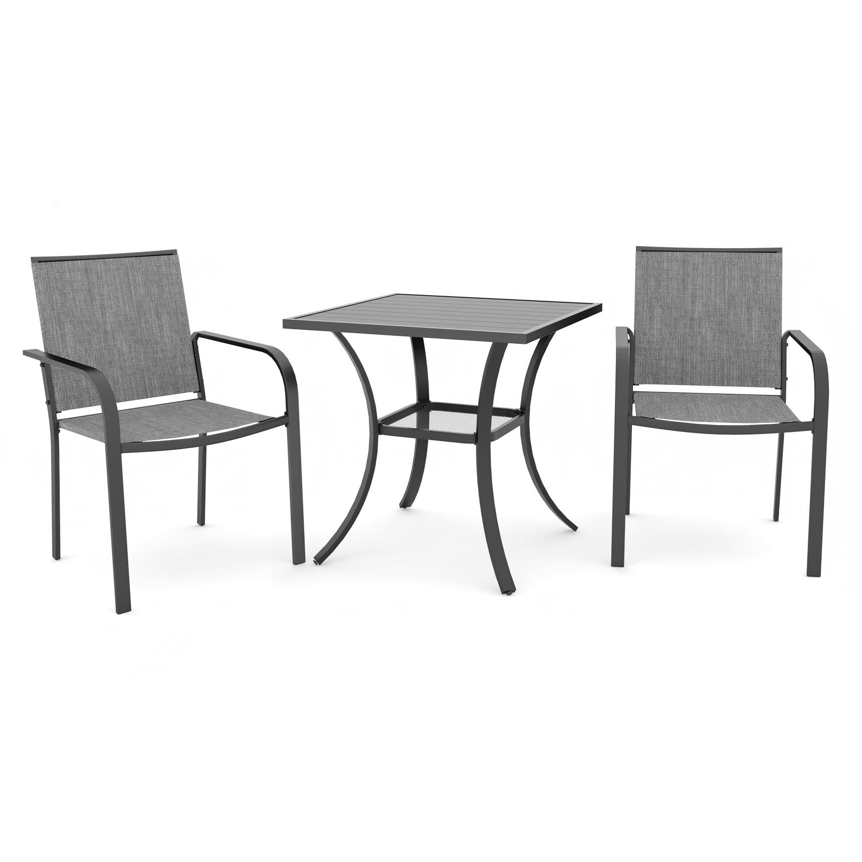 Anmutig 3-Piece Outdoor Dining Set, Small Metal Bistro Table with 2 Stackable Patio Chairs, 27.5 x 27.5 Inch Round Table, Brown Fabric