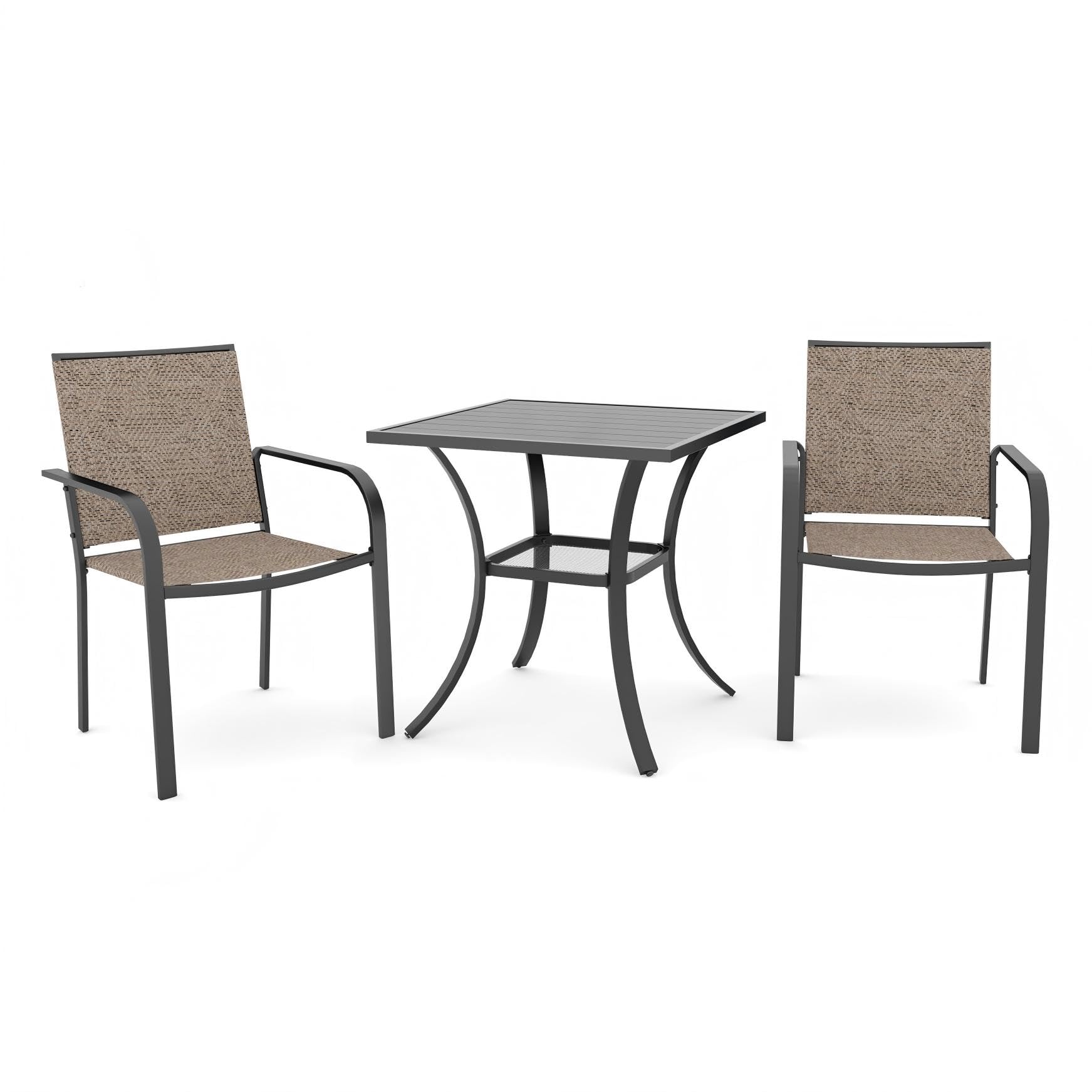 Anmutig 3-Piece Outdoor Dining Set, Small Metal Bistro Table with 2 Stackable Patio Chairs, 27.5 x 27.5 Inch Round Table, Brown Fabric