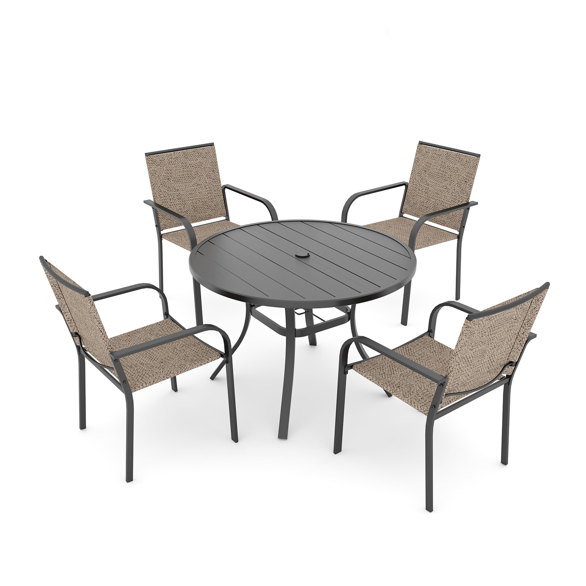Anmutig 3-Piece Outdoor Dining Set, Small Metal Bistro Table with 2 Stackable Patio Chairs, 27.5 x 27.5 Inch Round Table, Brown Fabric