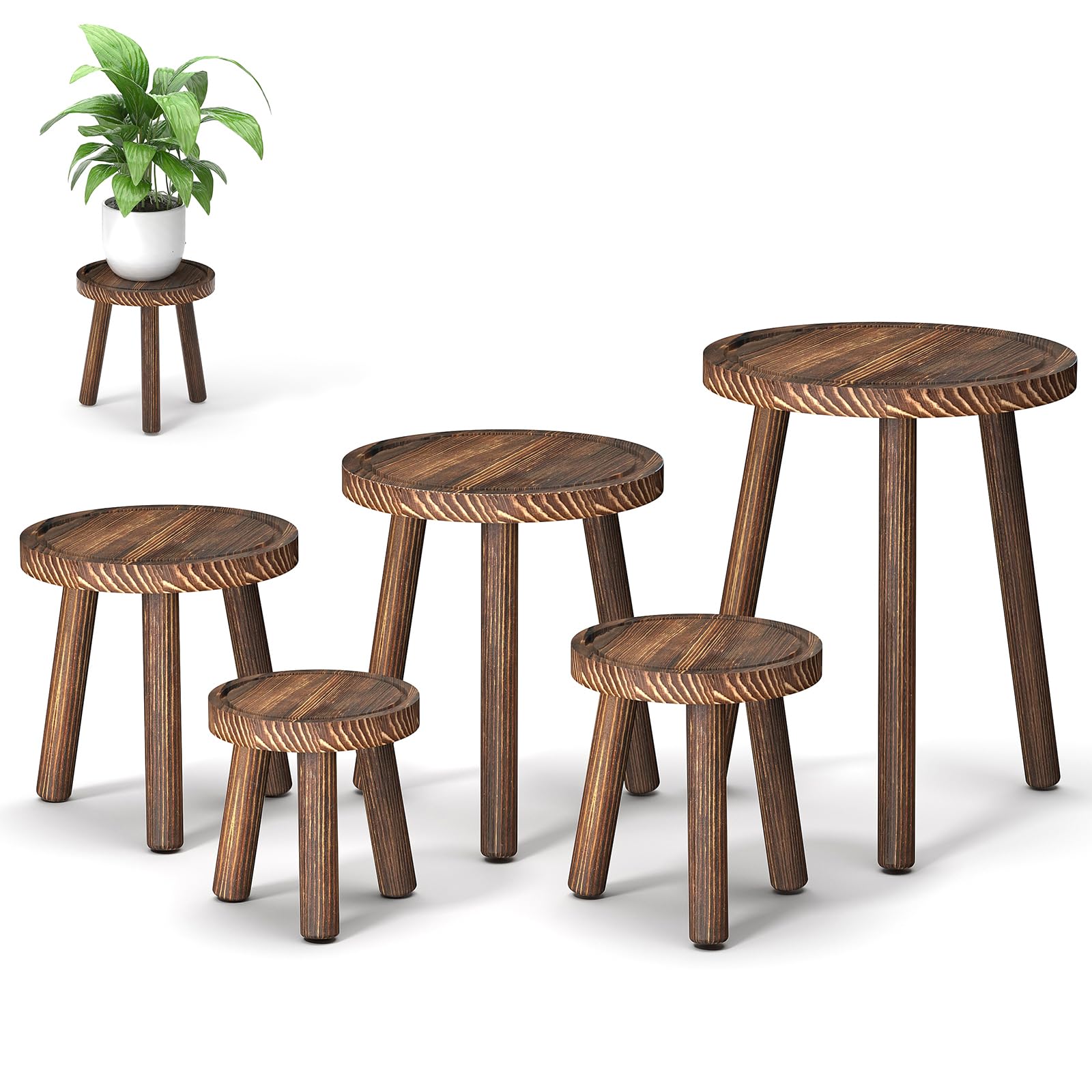 3-Pack Wood Plant Stands Indoor, Single Plant Stand for 6-12 Inch Pots, Mid-Century Modern Plant Stool, Tall Plant Stand for Large Plants Perfect Fit for Living Room, Balcony, Office