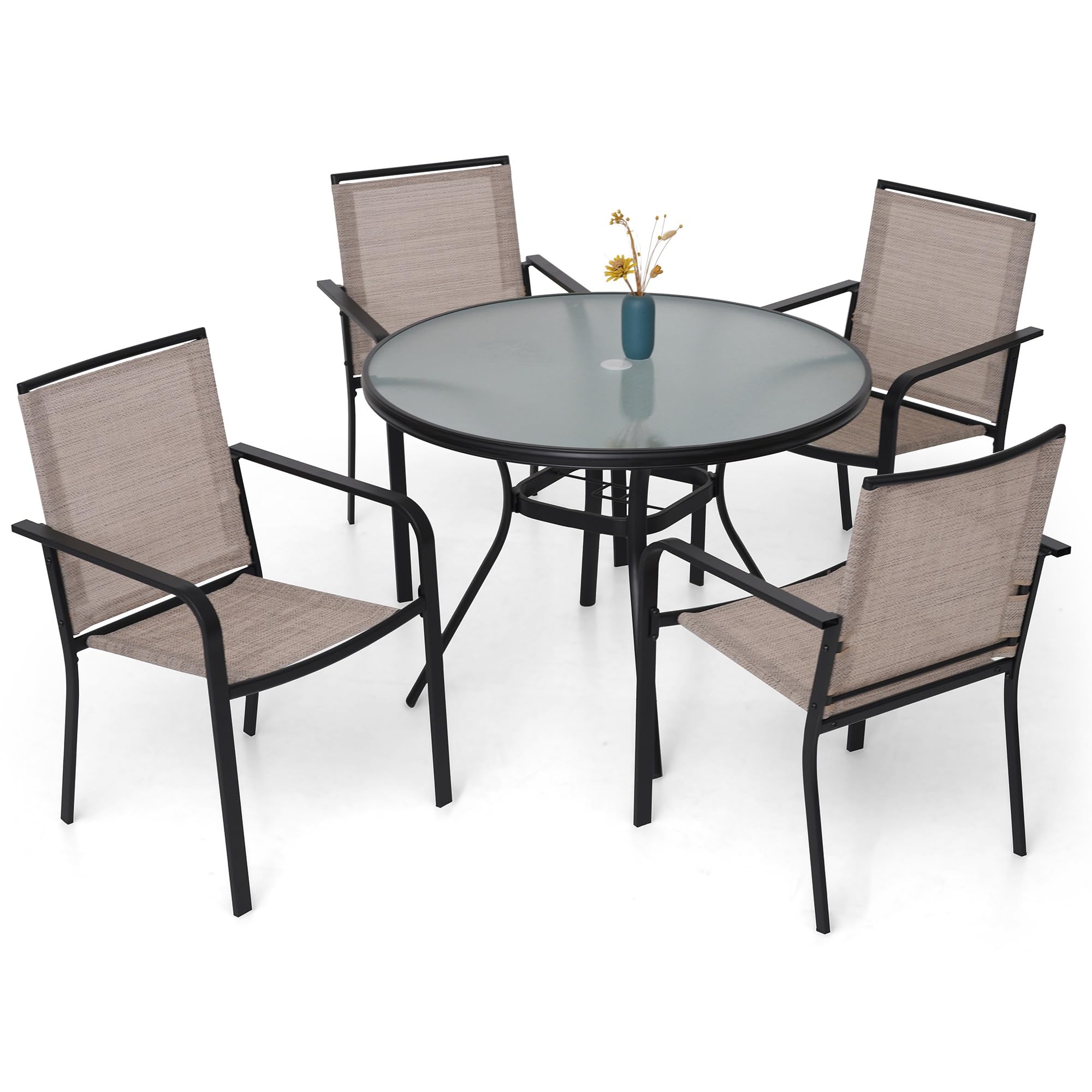 Anmutig 3-Piece Outdoor Dining Set, Small Metal Bistro Table with 2 Stackable Patio Chairs, 27.5 x 27.5 Inch Round Table, Brown Fabric