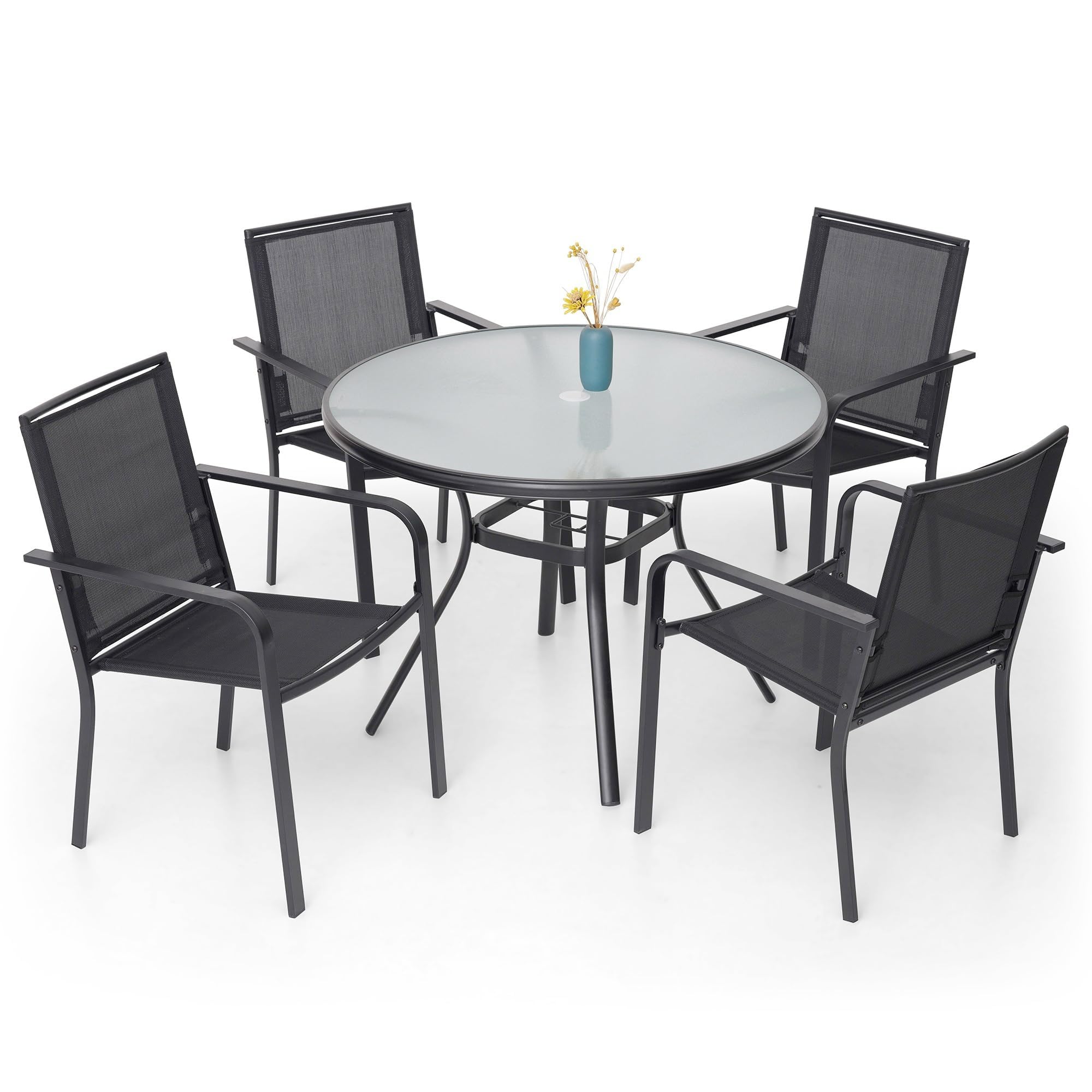 Anmutig 3-Piece Outdoor Dining Set, Small Metal Bistro Table with 2 Stackable Patio Chairs, 27.5 x 27.5 Inch Round Table, Brown Fabric