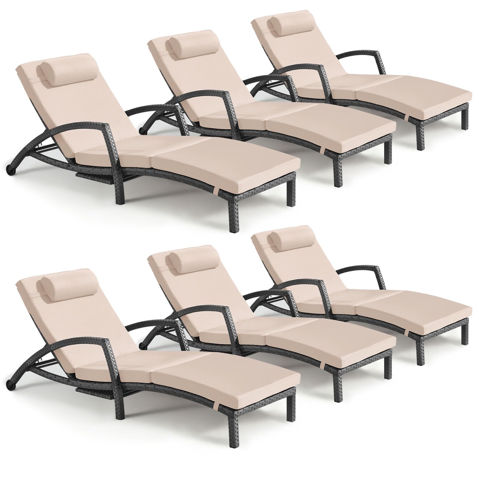 Chaise Lounge Chairs Outdoor Set of 2, Comfy Outside Wicker Patio Pool Lounge Chair w/ 5 Adjustable Back Angle, Cup Holder, Thicken Cushion
