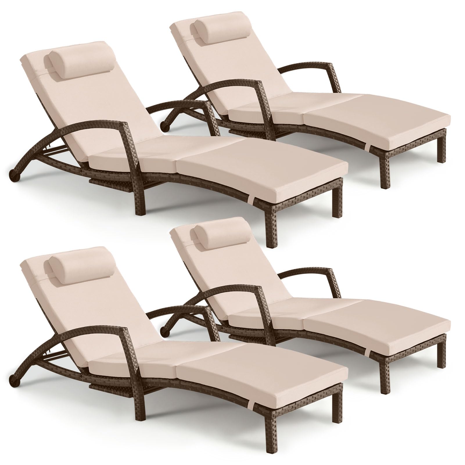 Chaise Lounge Chairs Outdoor Set of 2, Comfy Outside Wicker Patio Pool Lounge Chair w/ 5 Adjustable Back Angle, Cup Holder, Thicken Cushion