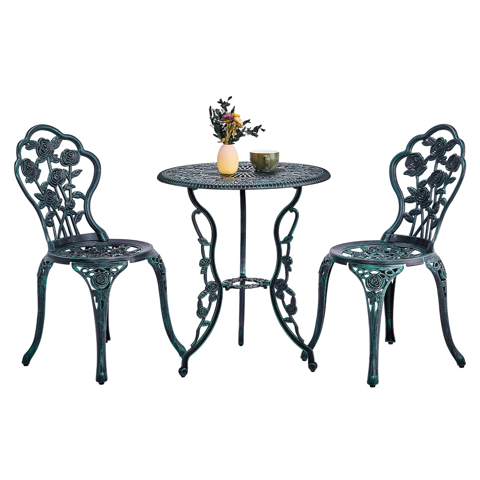 Outvita Patio Table and Chairs Set, Cast Aluminum Outdoor Cafe Table and Chairs Set of 3, Stability Patio Bistro Sets with Umbrella Hole for Garden, Patio, Balcony, Butterfly Pattern Bronze