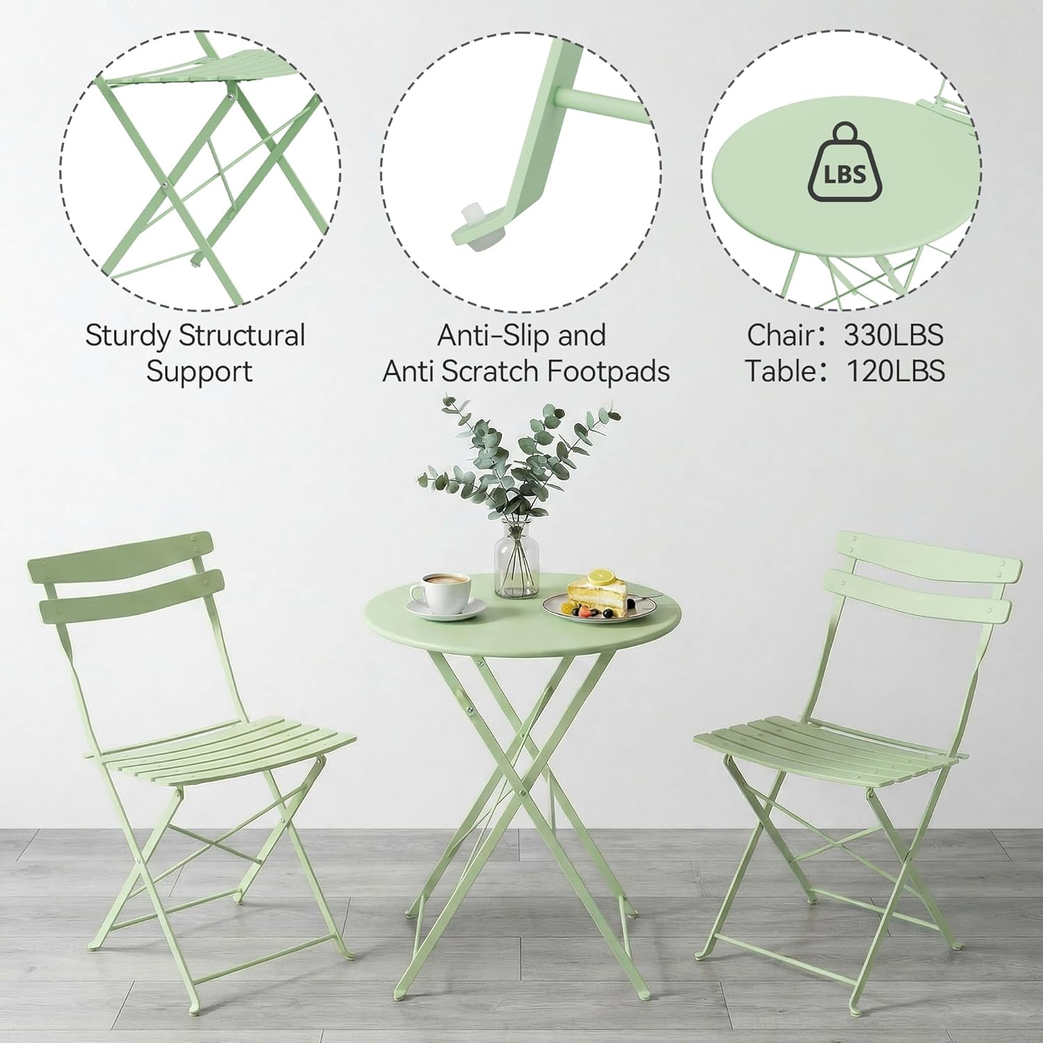 GarveeLife 3 Piece Patio Bistro Set, Folding Patio Bistro Table and Chairs Set of 2, Outdoor Patio Furniture Set, Metal Structure, No Assembly Need, for Balcony Yard Garden, Green