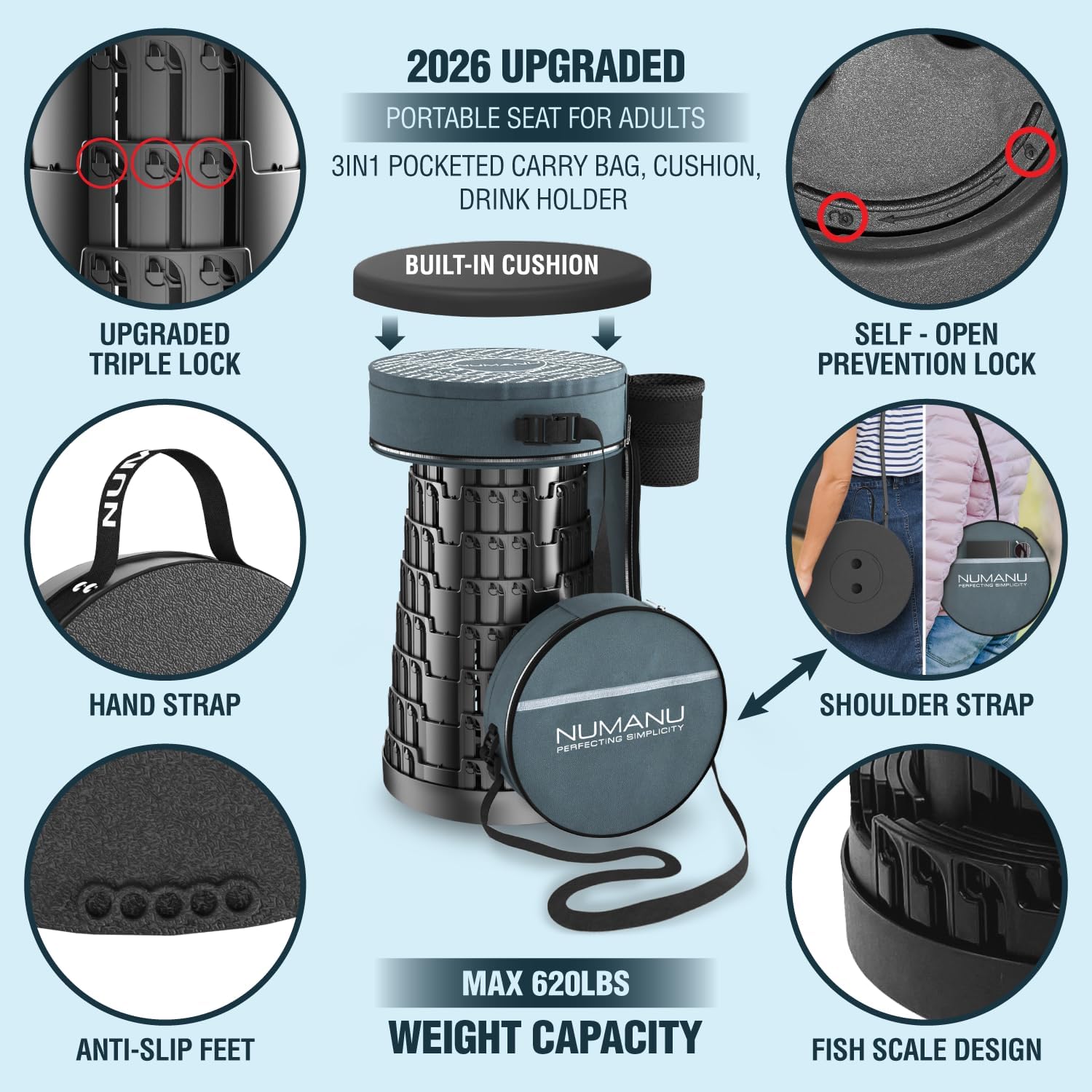 NUMANU 2026 Upgraded Collapsible Stool & 3IN1 Cushioned Carry Bag, 2.5"-18" Height Adjustable Max 620lbs, Portable Retractable Telescoping Seat, Foldable Camping Stool or Footrest for Adults (Round)