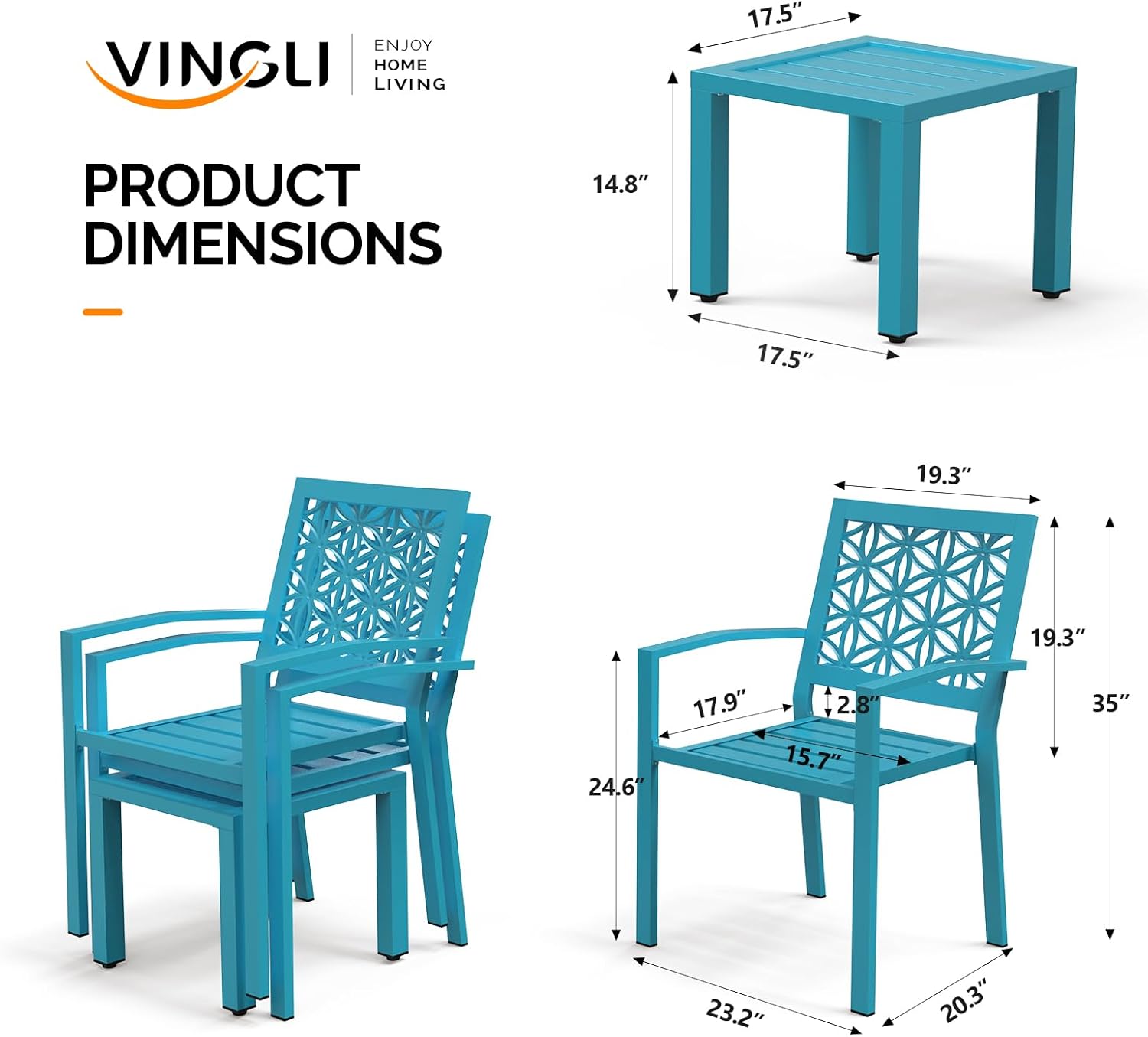 VINGLI 3-Piece Outdoor Bistro Set, Stackable Modern Metal Steel Table and Chairs with Rust-Resistant Coating, Small Patio Furniture Conversation Set for Porch, Deck, Balcony, Garden, Blue