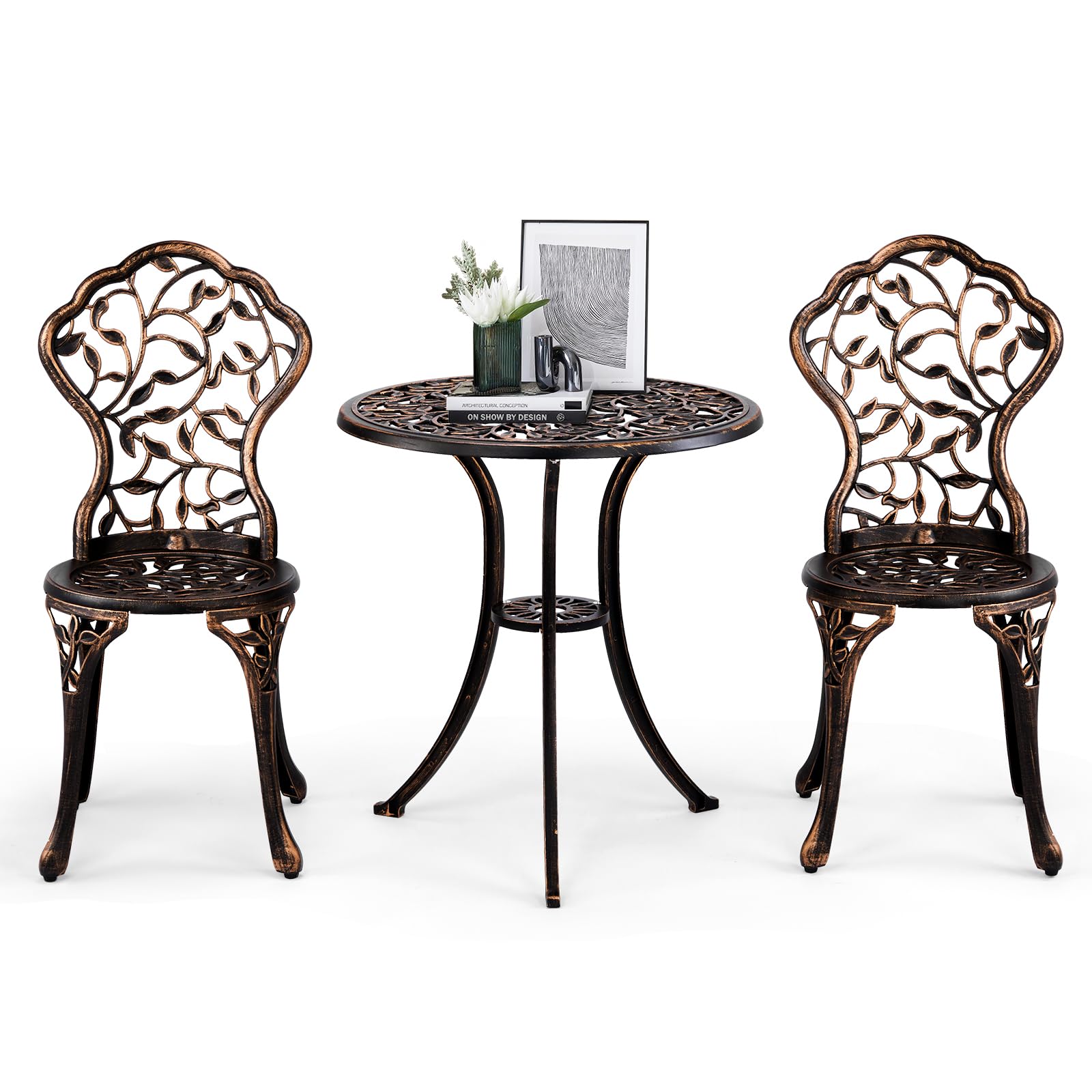 Outvita Patio Table and Chairs Set, Cast Aluminum Outdoor Cafe Table and Chairs Set of 3, Stability Patio Bistro Sets with Umbrella Hole for Garden, Patio, Balcony, Butterfly Pattern Bronze