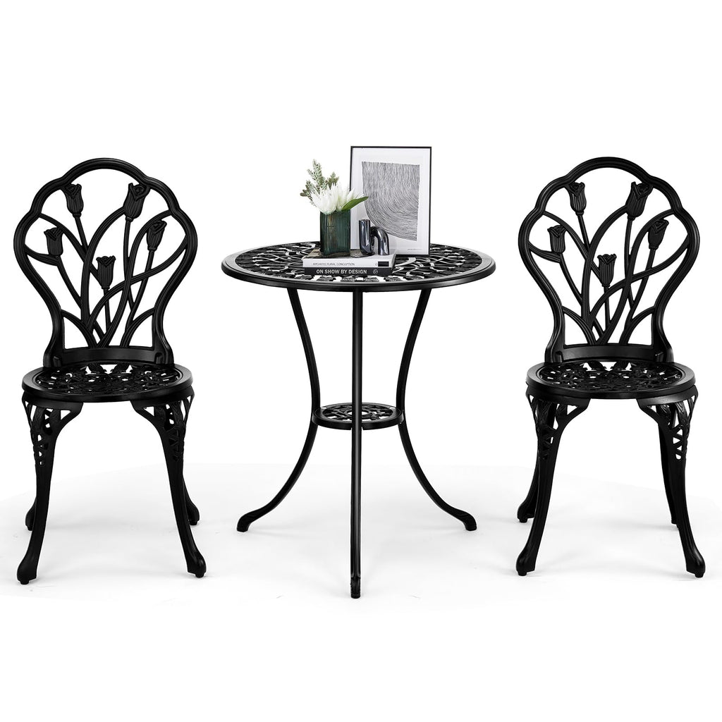 Outvita Patio Table and Chairs Set, Cast Aluminum Outdoor Cafe Table and Chairs Set of 3, Stability Patio Bistro Sets with Umbrella Hole for Garden, Patio, Balcony, Butterfly Pattern Bronze