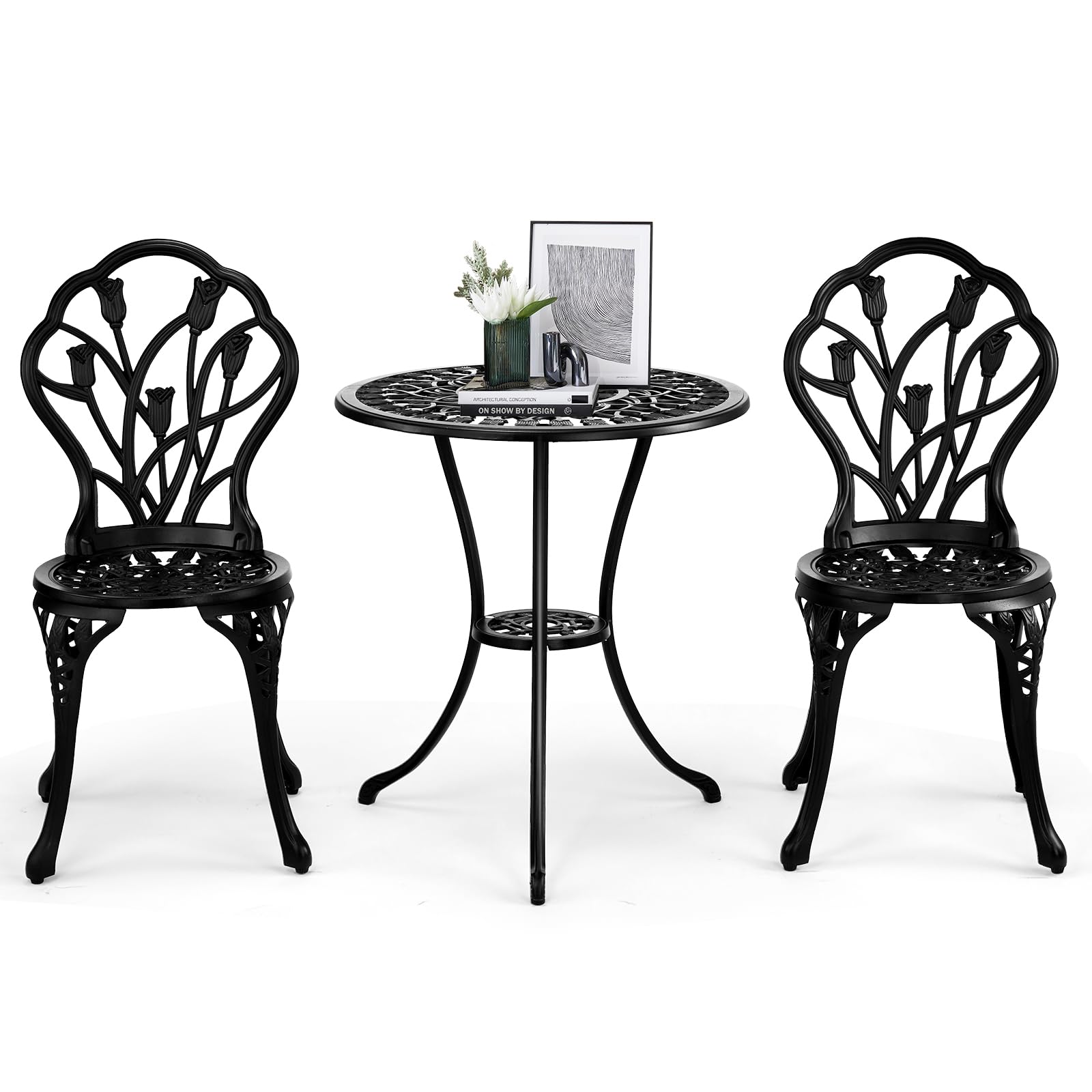 Outvita Patio Table and Chairs Set, Cast Aluminum Outdoor Cafe Table and Chairs Set of 3, Stability Patio Bistro Sets with Umbrella Hole for Garden, Patio, Balcony, Butterfly Pattern Bronze