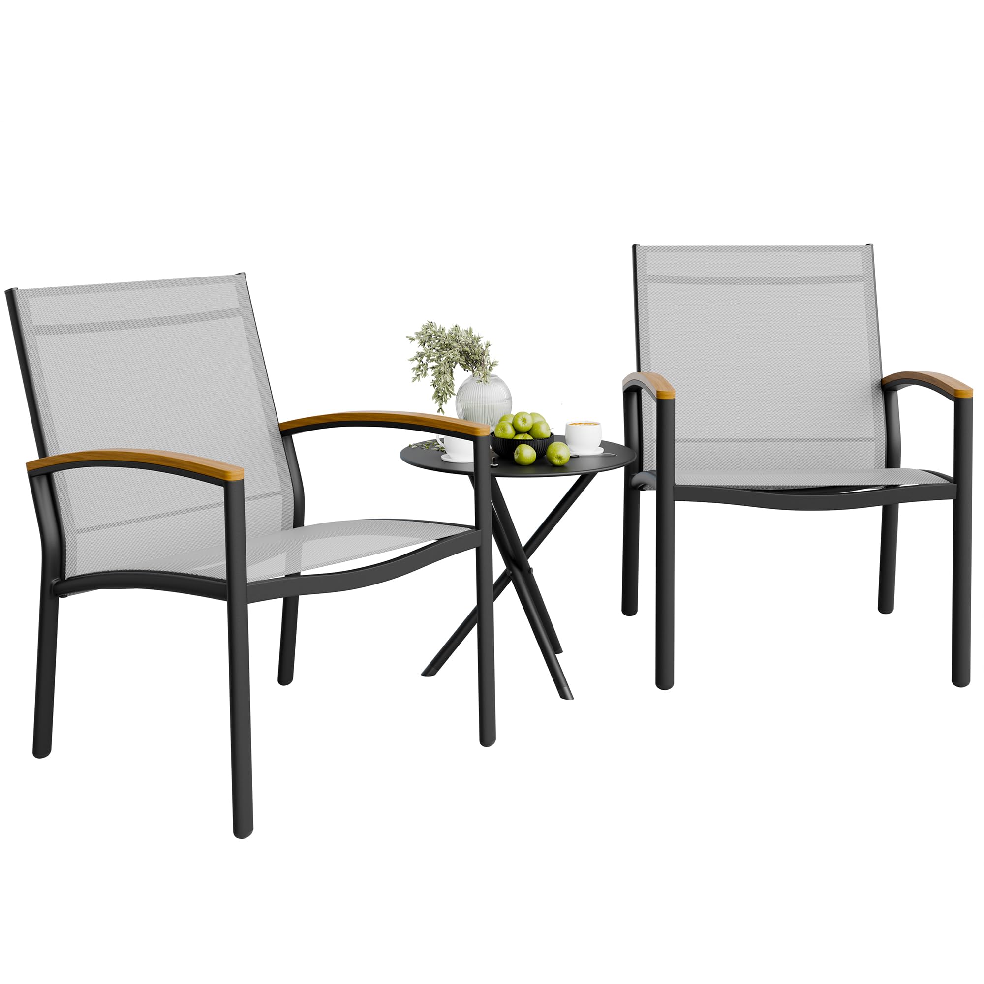 Shintenchi 3 Pieces Patio Bistro Sets, Outdoor Textilene Fabric Conversation Bistro Set, Textilene Fabric Front Porch Chairs Small Patio Furniture Set with Table for Lawn,Garden,Balcony (Black)