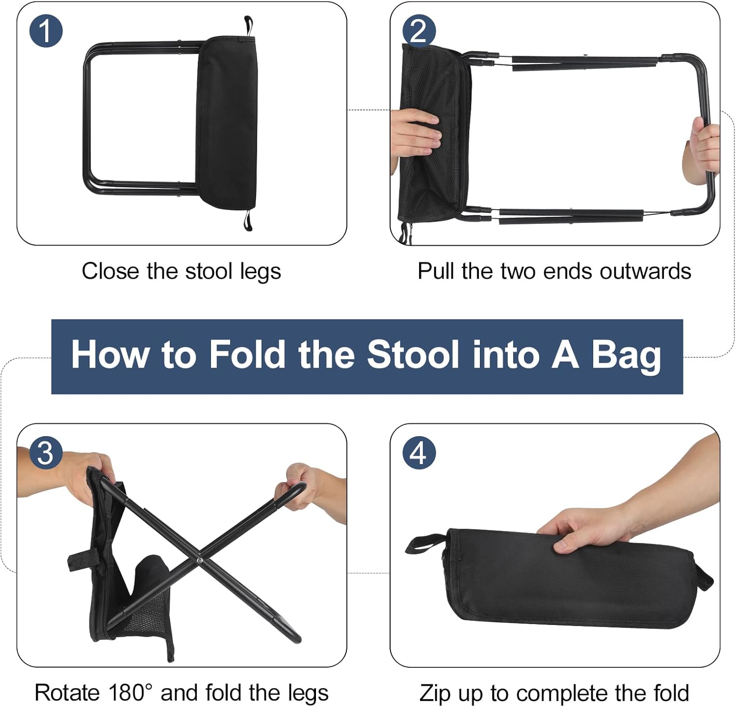 Portable Folding Chair and Camp Stool - Portable Stool with Carry Bag, 13 Inch Foldable Backpack Chair, Mini Easy Carry Outdoor Chair, Supports 260lbs for Camping, Hiking, Fishing (Black)