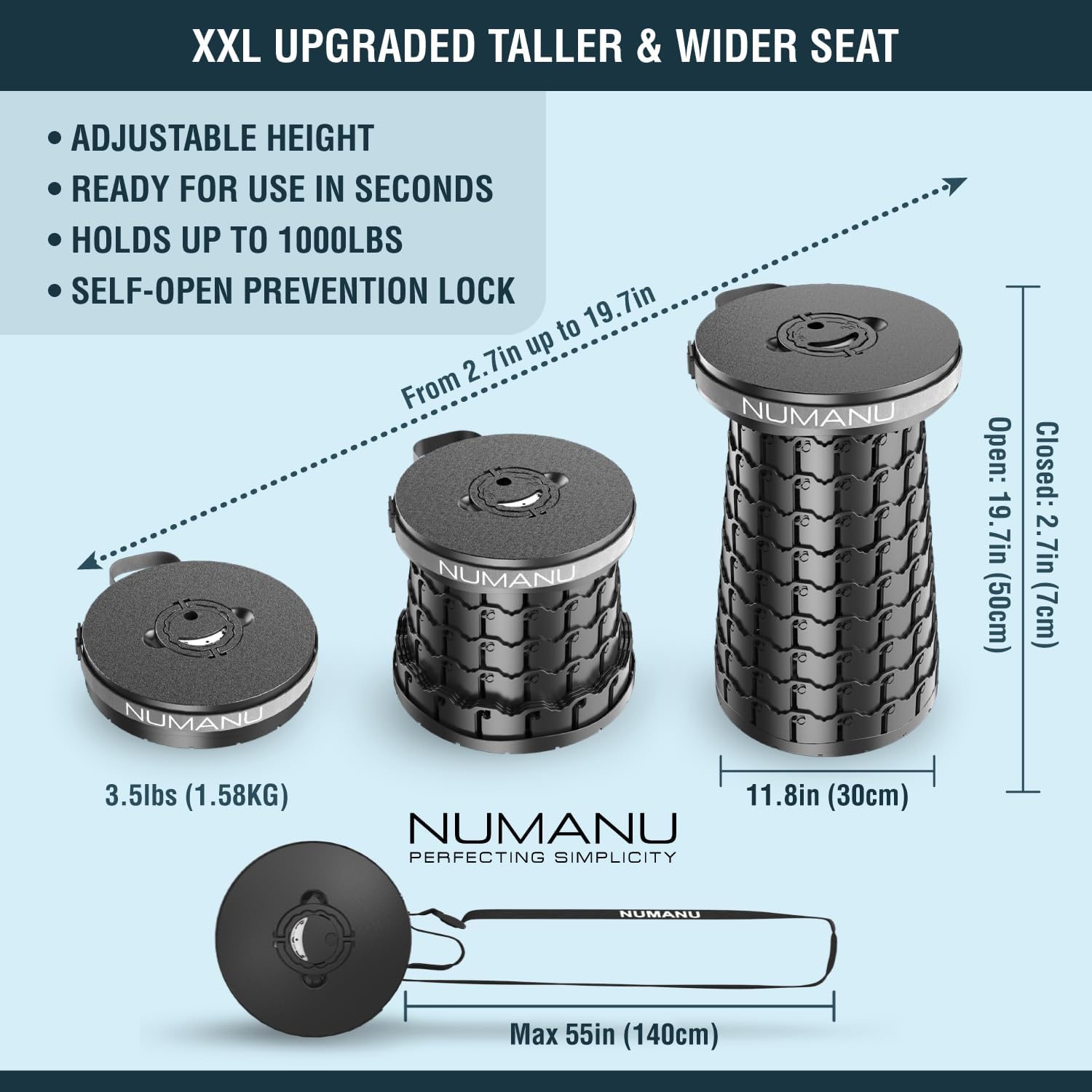 NUMANU 2026 Upgraded XXL Collapsible Stool 19.7", 1000lbs Max Weight, Wider & Taller Pop Up Seat, Heavy Duty Portable Retractable Folding Chair or Travel Foot Rest, Gift for Camping & Outdoors