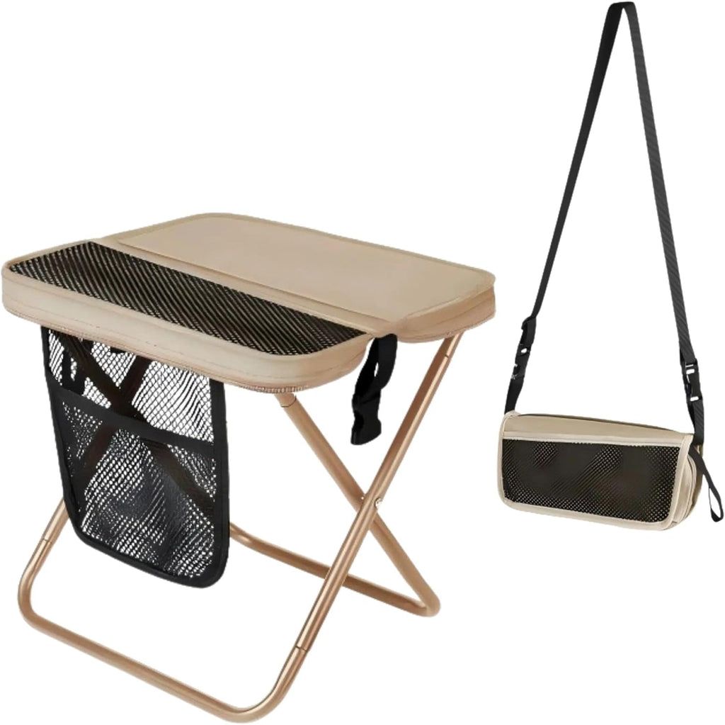 Portable Collapsible Stool - Folding Chair with Storage Pouch, Convertible Satchel for Hands-Free Carry & Supports 265Lbs, Ultralight for Hiking, Fishing, Camping, Festivals (Khaki)