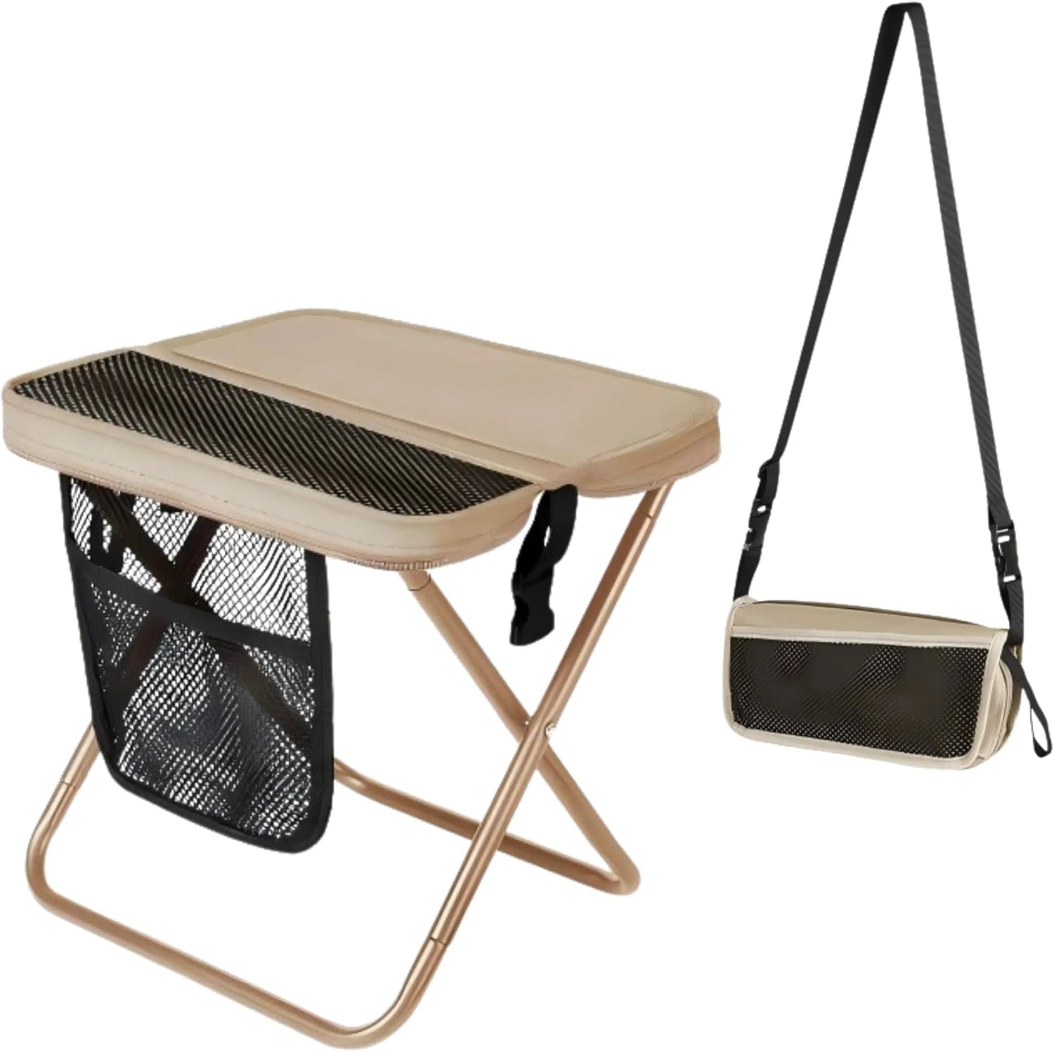 Portable Collapsible Stool - Folding Chair with Storage Pouch, Convertible Satchel for Hands-Free Carry & Supports 265Lbs, Ultralight for Hiking, Fishing, Camping, Festivals (Khaki)