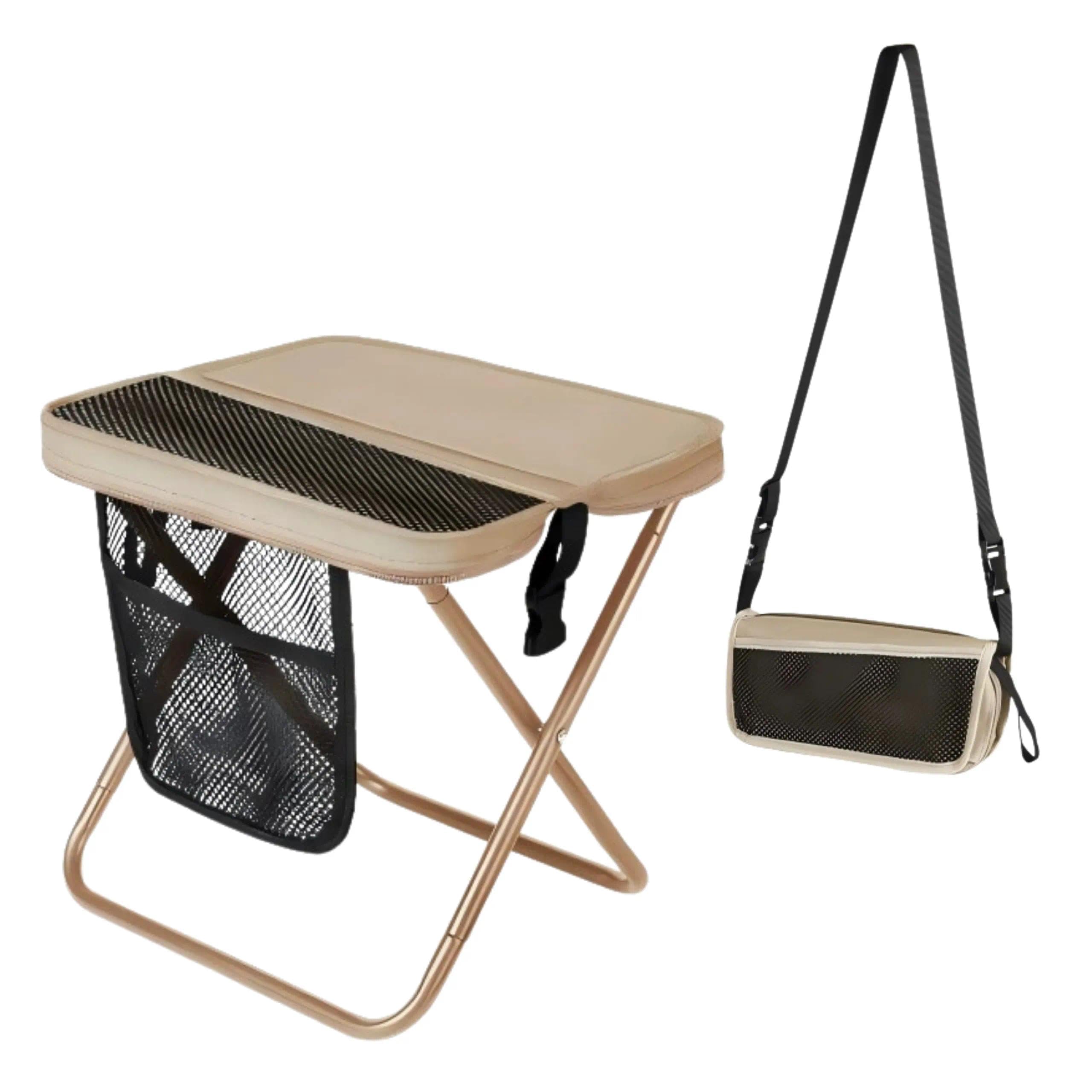 Portable Collapsible Stool - Folding Chair with Storage Pouch, Convertible Satchel for Hands-Free Carry & Supports 265Lbs, Ultralight for Hiking, Fishing, Camping, Festivals (Khaki)