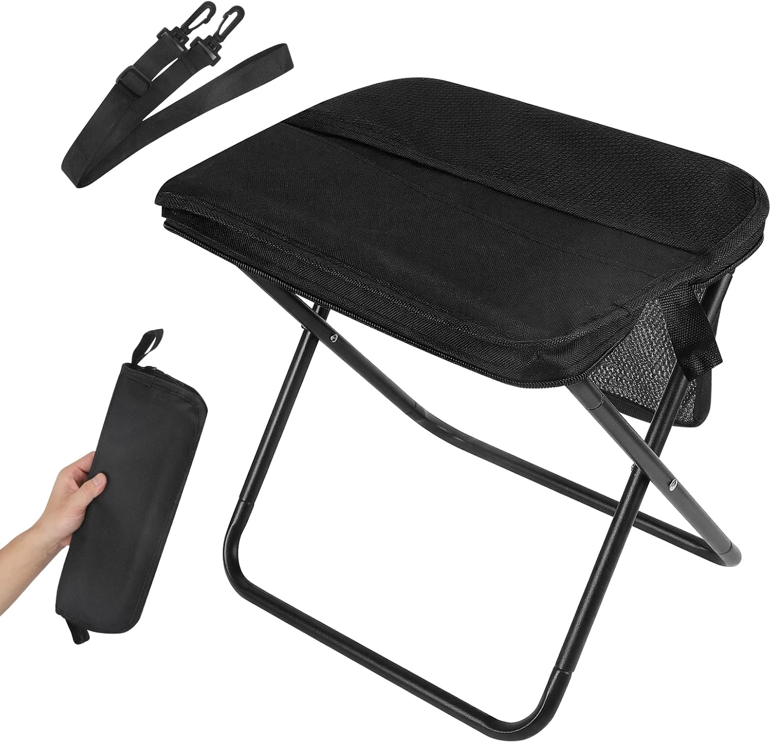 Portable Folding Chair and Camp Stool - Portable Stool with Carry Bag, 13 Inch Foldable Backpack Chair, Mini Easy Carry Outdoor Chair, Supports 260lbs for Camping, Hiking, Fishing (Black)
