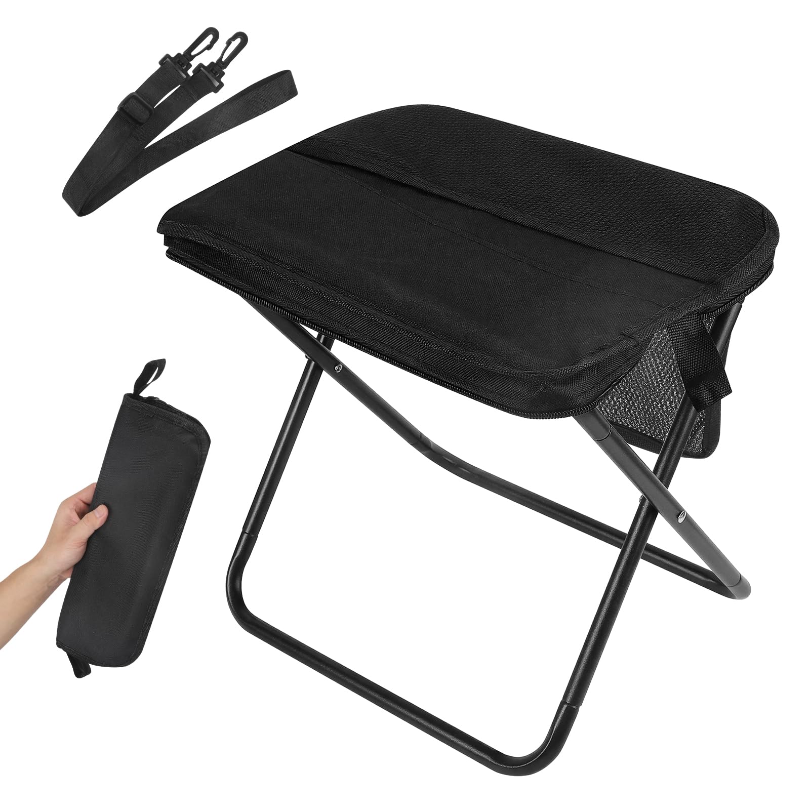 Portable Folding Chair and Camp Stool - Portable Stool with Carry Bag, 13 Inch Foldable Backpack Chair, Mini Easy Carry Outdoor Chair, Supports 260lbs for Camping, Hiking, Fishing (Black)