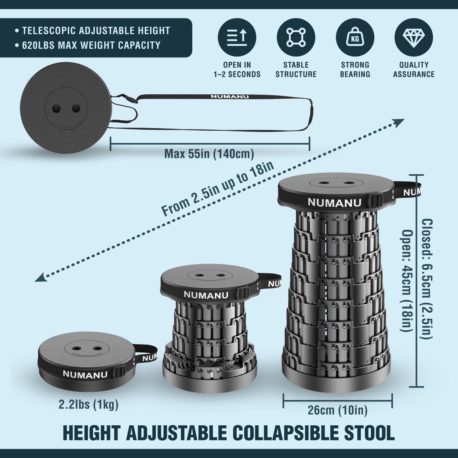 NUMANU 2026 Upgraded Collapsible Stool & 3IN1 Cushioned Carry Bag, 2.5"-18" Height Adjustable Max 620lbs, Portable Retractable Telescoping Seat, Foldable Camping Stool or Footrest for Adults (Round)