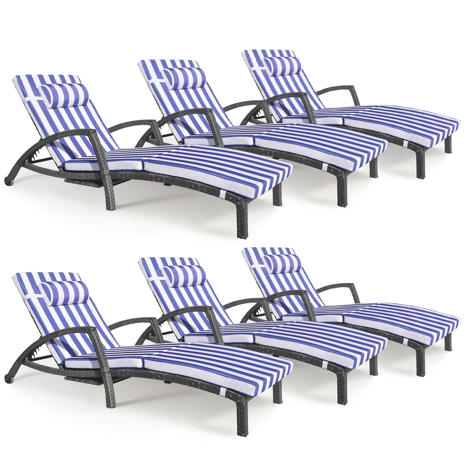 Chaise Lounge Chairs Outdoor Set of 2, Comfy Outside Wicker Patio Pool Lounge Chair w/ 5 Adjustable Back Angle, Cup Holder, Thicken Cushion
