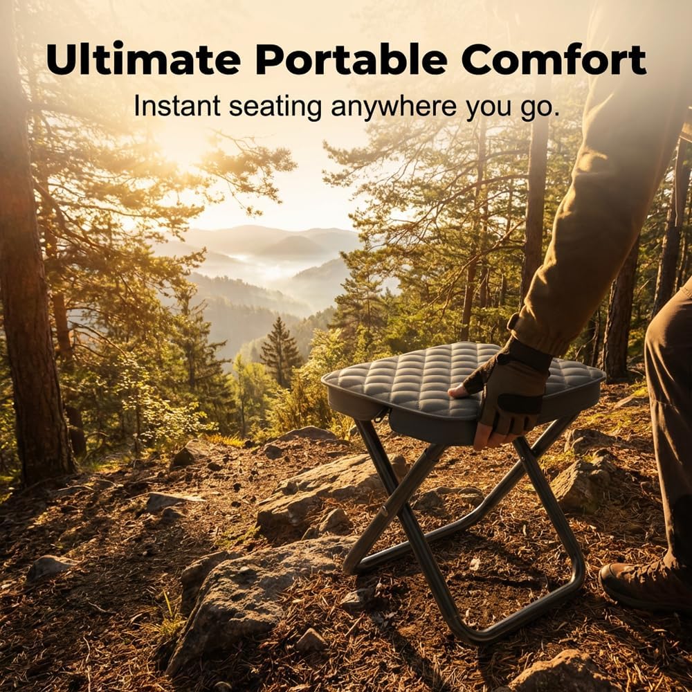 Foldable Backpack Stool Portable Folding Chair for Adults, Collapsible Camping Stool with Carry Strap & Storage Pouch, Heavy Duty Compact Travel Seat for Hiking Fishing Outdoor (Grey)