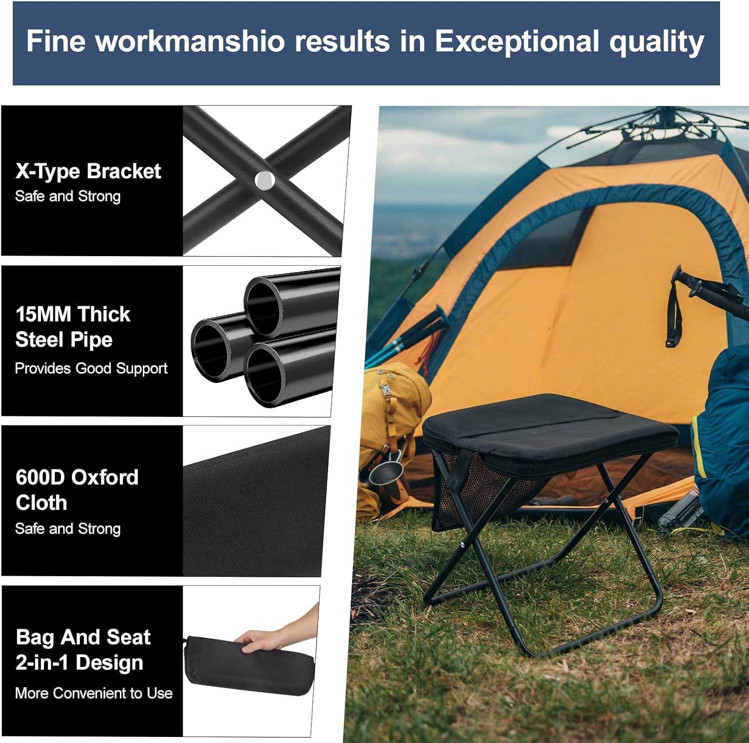 Portable Folding Chair and Camp Stool - Portable Stool with Carry Bag, 13 Inch Foldable Backpack Chair, Mini Easy Carry Outdoor Chair, Supports 260lbs for Camping, Hiking, Fishing (Black)